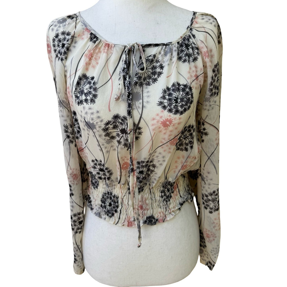 Boho Sheer Ethereal Fairy Dandelion Print Crop Blouse Bell Sleeve Smocked Waist