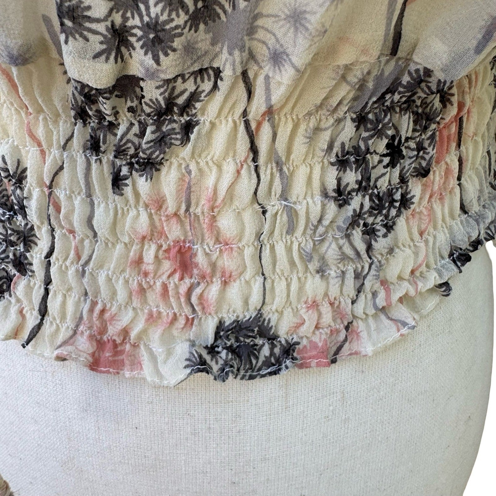 Boho Sheer Ethereal Fairy Dandelion Print Crop Blouse Bell Sleeve Smocked Waist