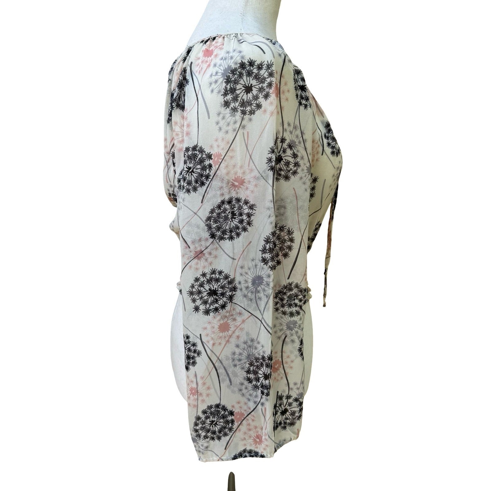 Boho Sheer Ethereal Fairy Dandelion Print Crop Blouse Bell Sleeve Smocked Waist