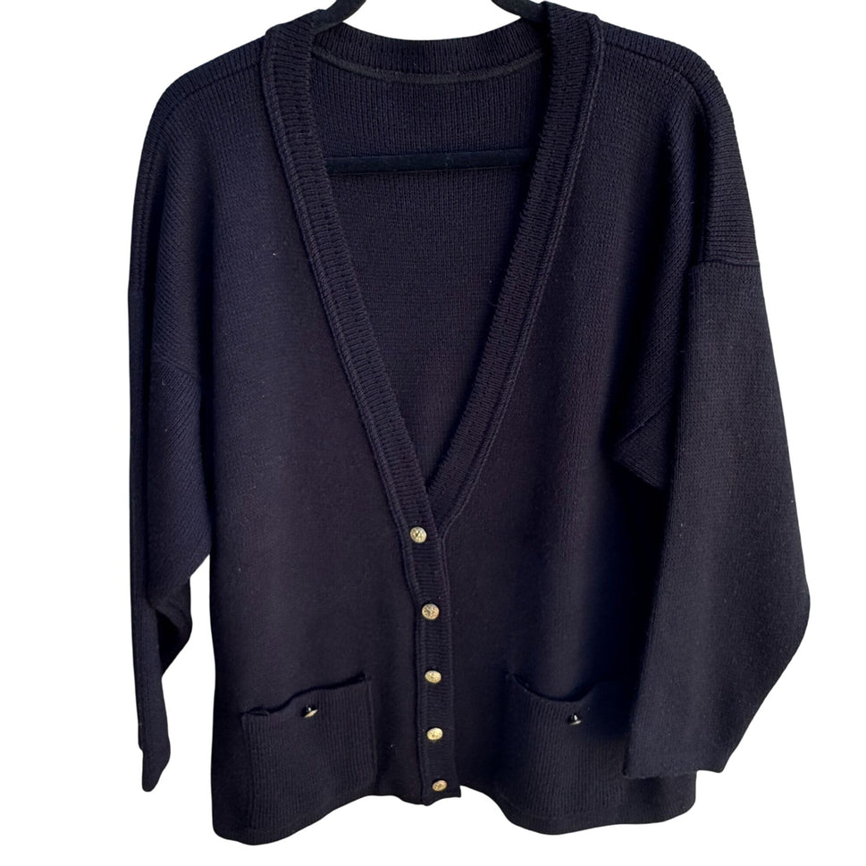 College Point Vintage Black Knit Gold Button Pockets Oversized Cardigan Sweater