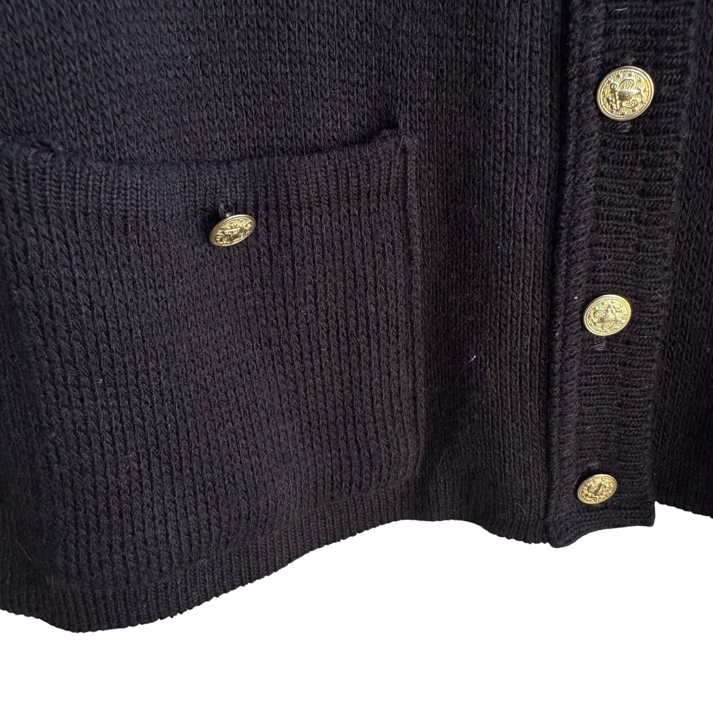 College Point Vintage Black Knit Gold Button Pockets Oversized Cardigan Sweater