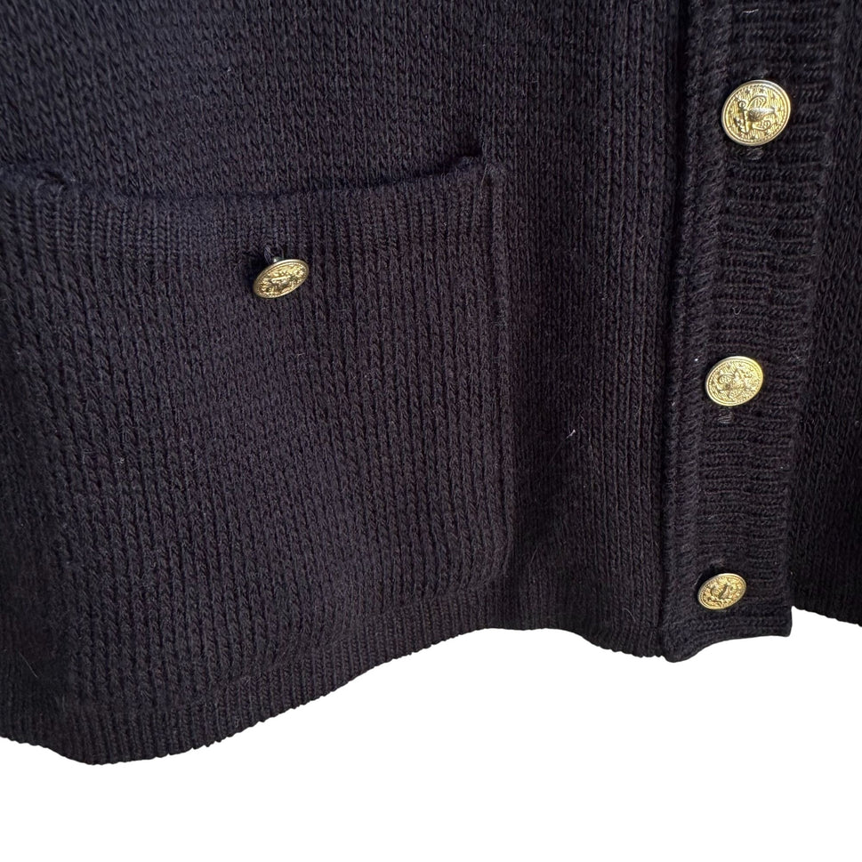 College Point Vintage Black Knit Gold Button Pockets Oversized Cardigan Sweater