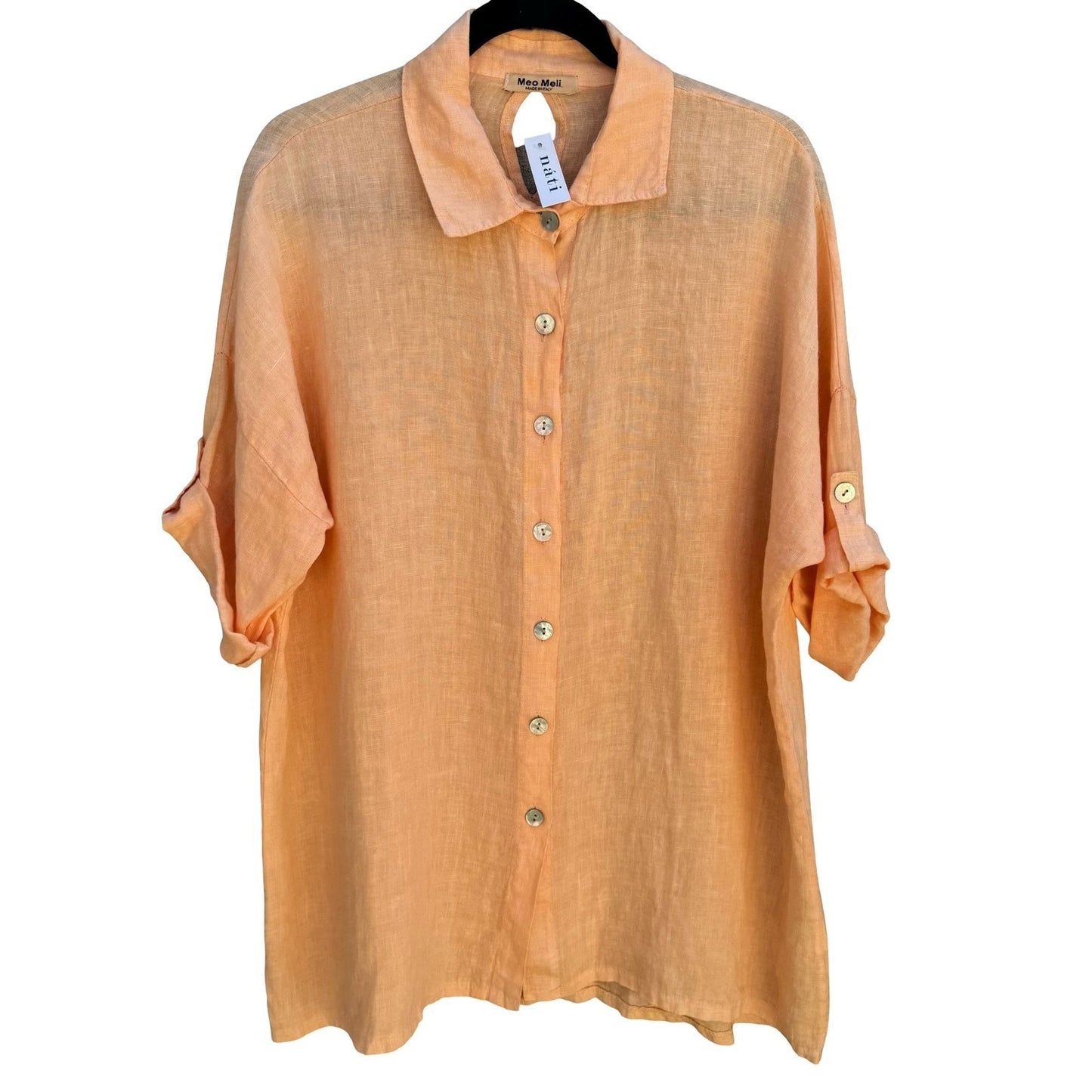 Meo Meli Italy 100% Linen Coastal Lagenlook Resortwear Shirt Peach Cutout OS NEW