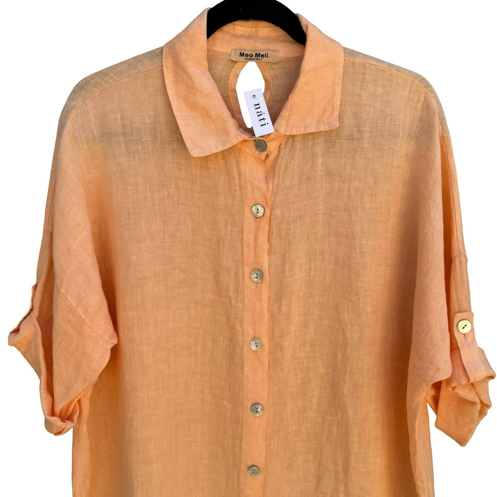 Meo Meli Italy 100% Linen Coastal Lagenlook Resortwear Shirt Peach Cutout OS NEW