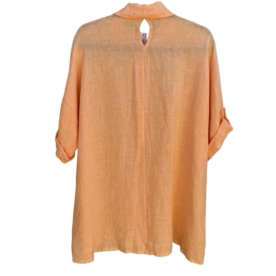 Meo Meli Italy 100% Linen Coastal Lagenlook Resortwear Shirt Peach Cutout OS NEW