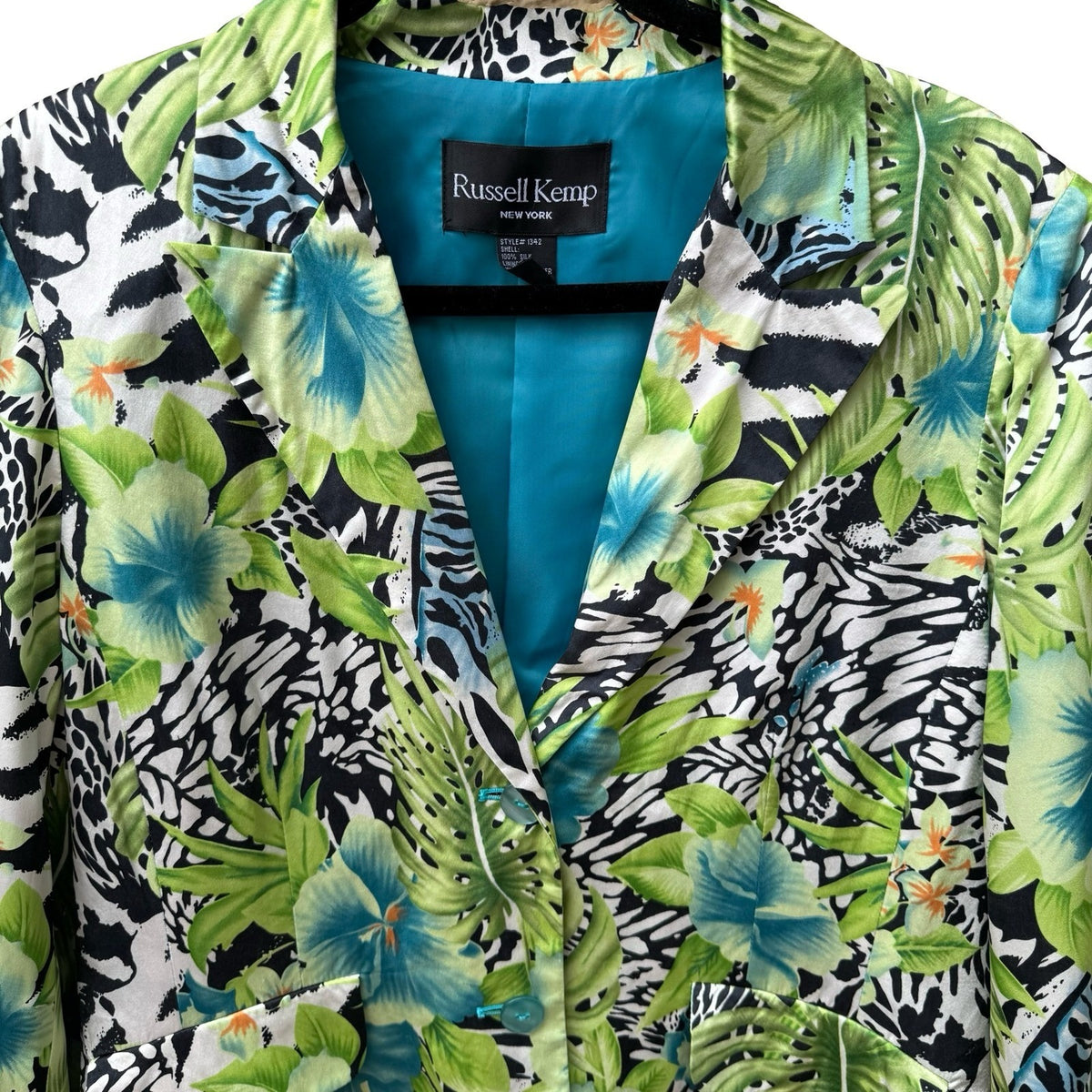 Russell Kemp Y2K Silk Maximalist Resort Tropical Floral Animal Print Blazer 14