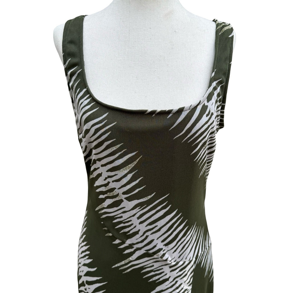 BCBG Y2K Minimalist Earthy Abstract Mesh Overlay Sleeveless Sheath Dress Olive S