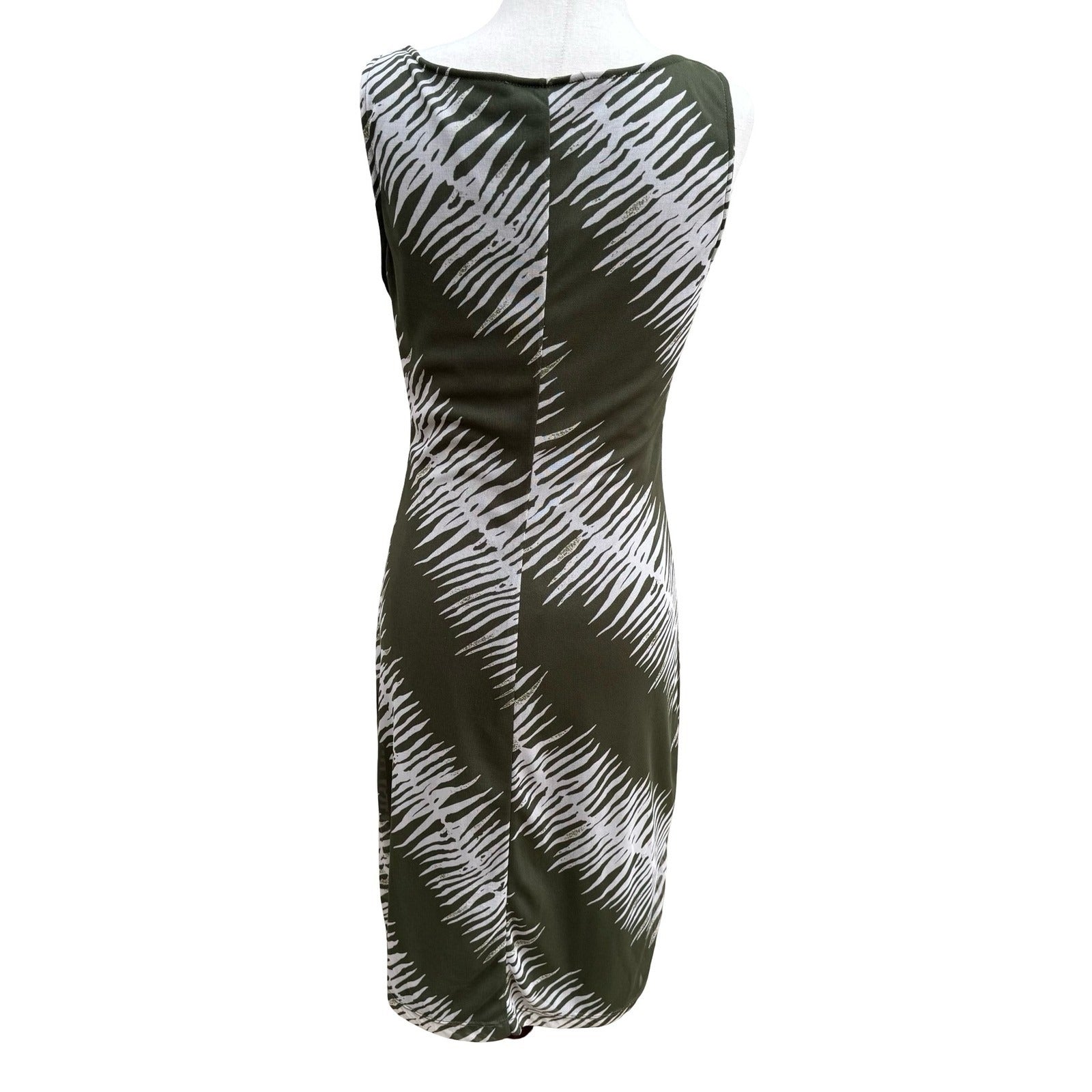 BCBG Y2K Minimalist Earthy Abstract Mesh Overlay Sleeveless Sheath Dress Olive S