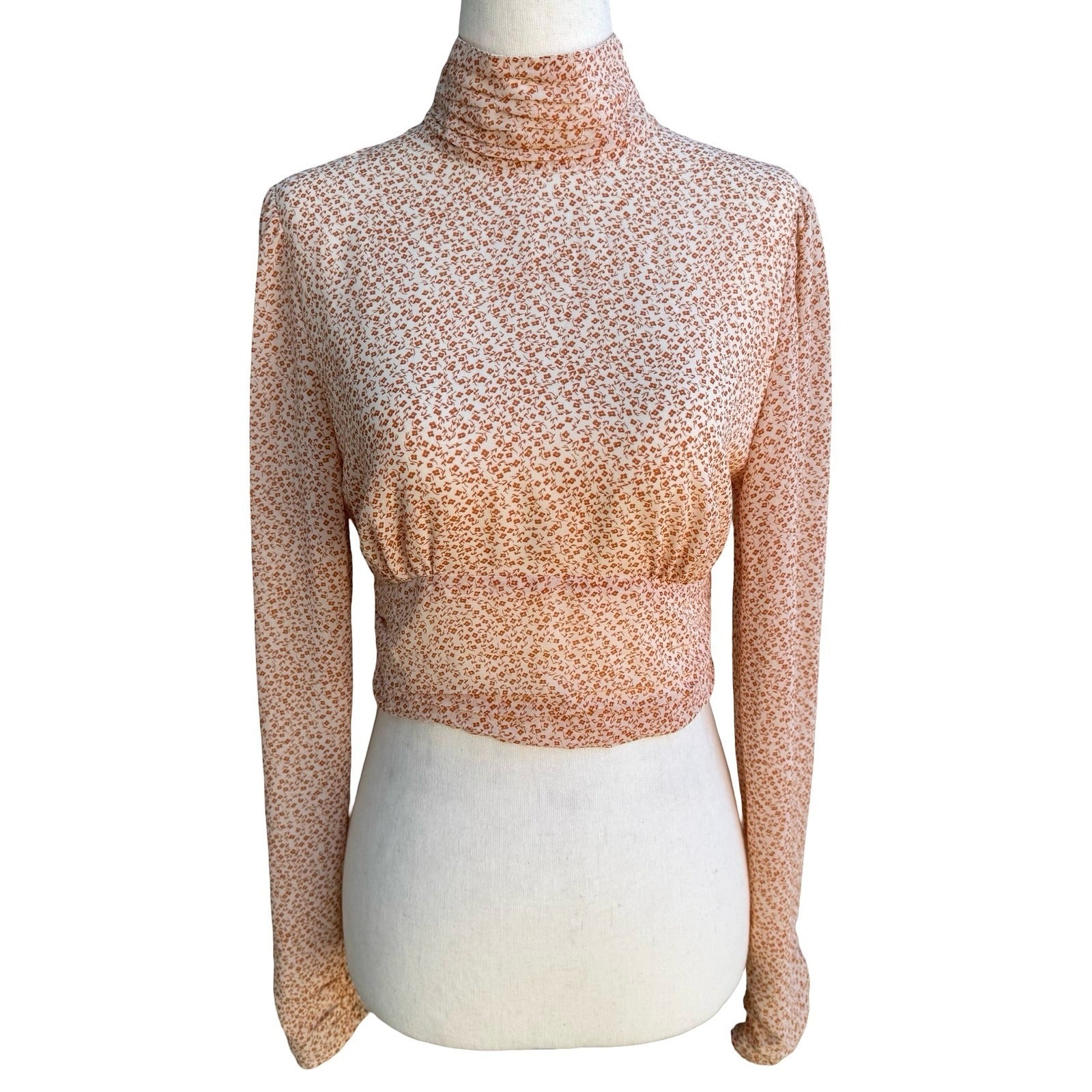 Cotton Candy LA Coquette Dainty Floral Mock Neck Open Back Tie Crop Top Orange S