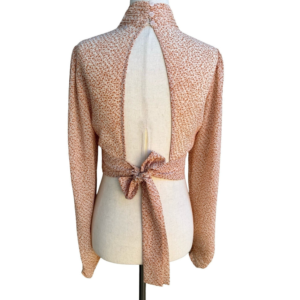 Cotton Candy LA Coquette Dainty Floral Mock Neck Open Back Tie Crop Top Orange S