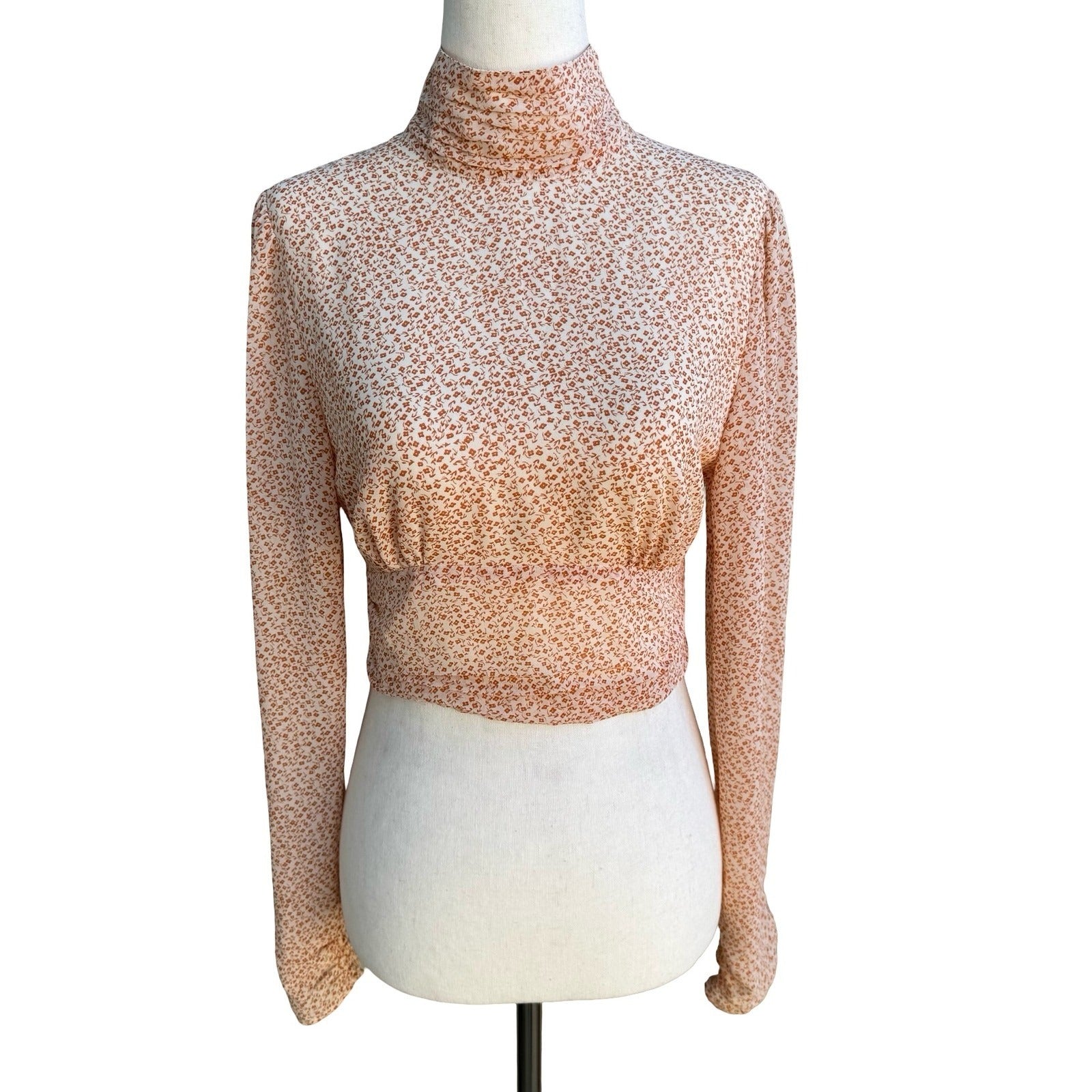 Cotton Candy LA Coquette Dainty Floral Mock Neck Open Back Tie Crop Top Orange S