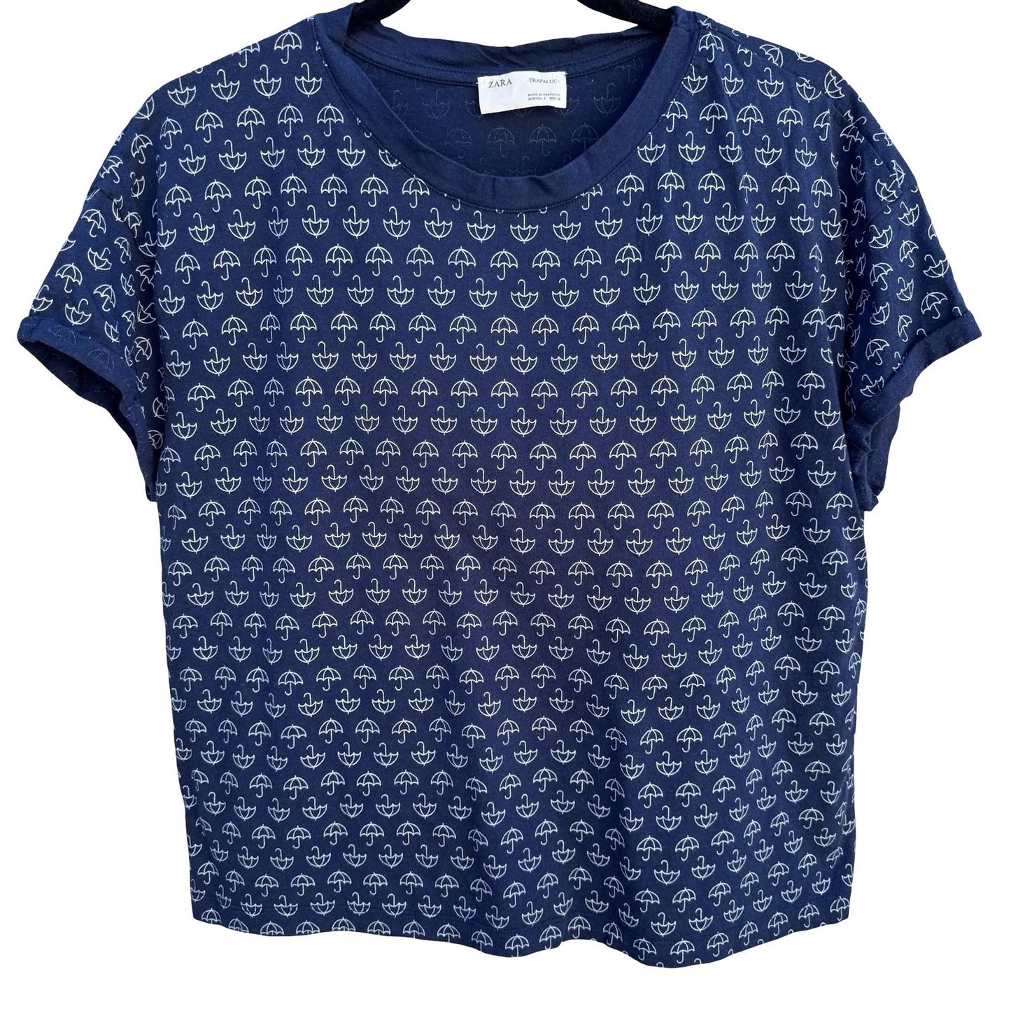 Zara Trafaluc Womens Navy White Umbrella Print Cuffed Short Sleeve T-Shirt S