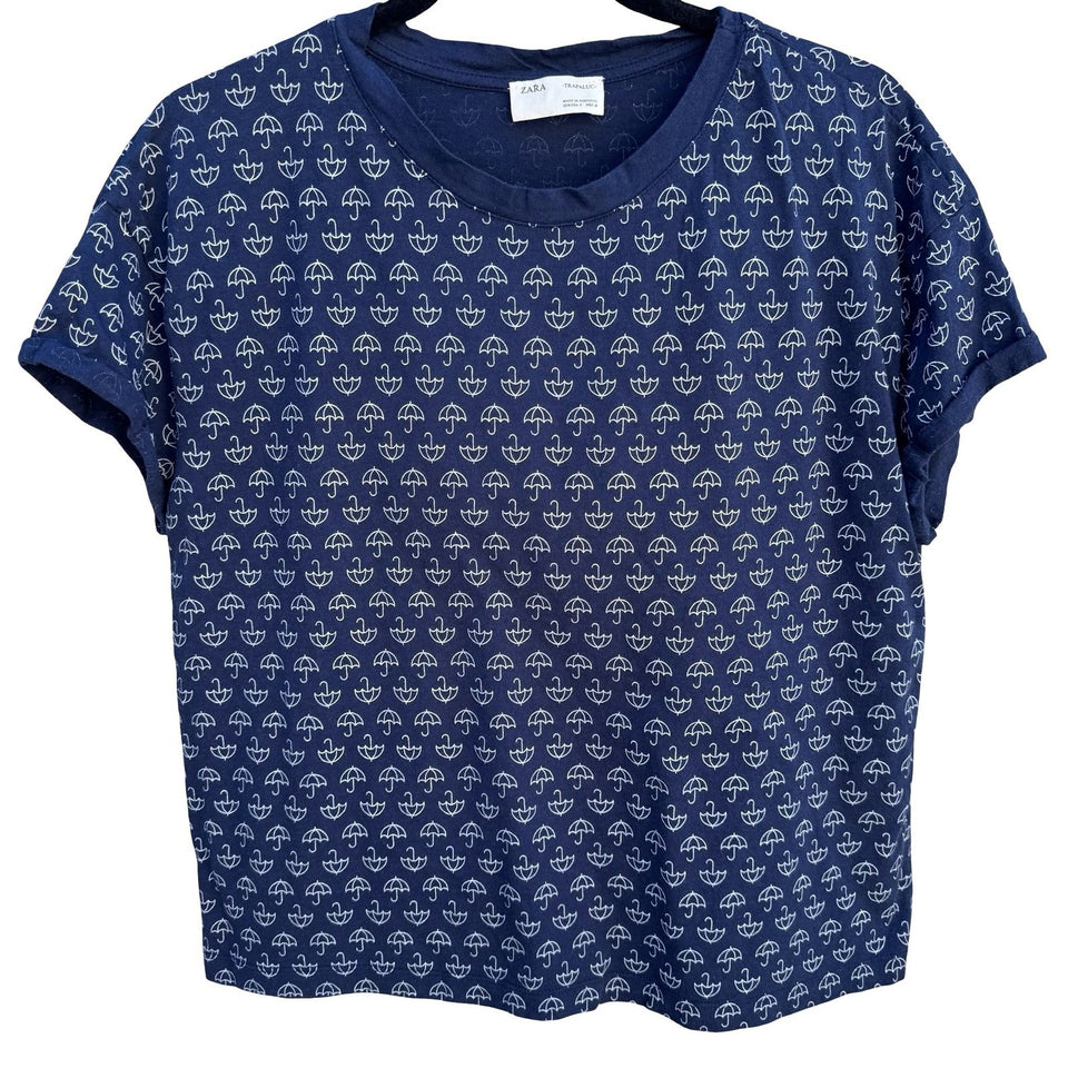Zara Trafaluc Womens Navy White Umbrella Print Cuffed Short Sleeve T-Shirt S