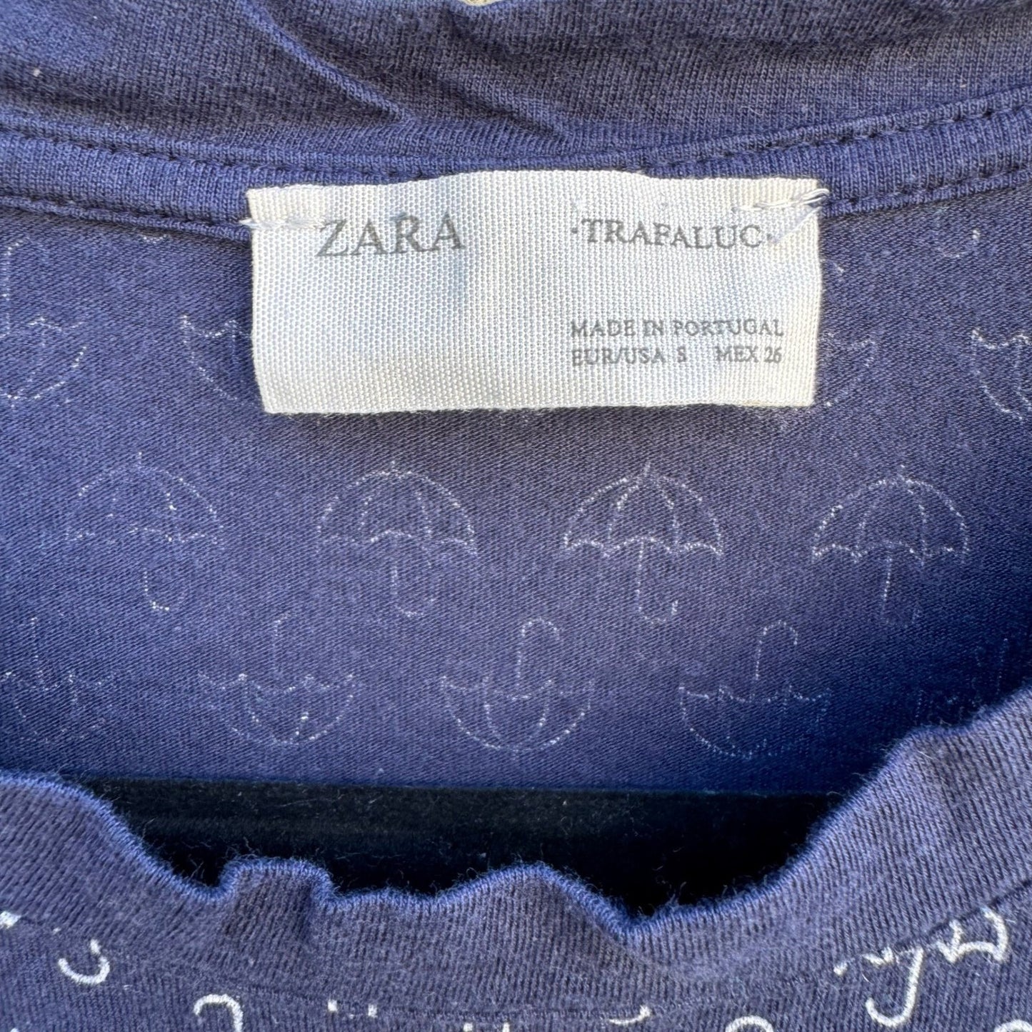 Zara Trafaluc Womens Navy White Umbrella Print Cuffed Short Sleeve T-Shirt S
