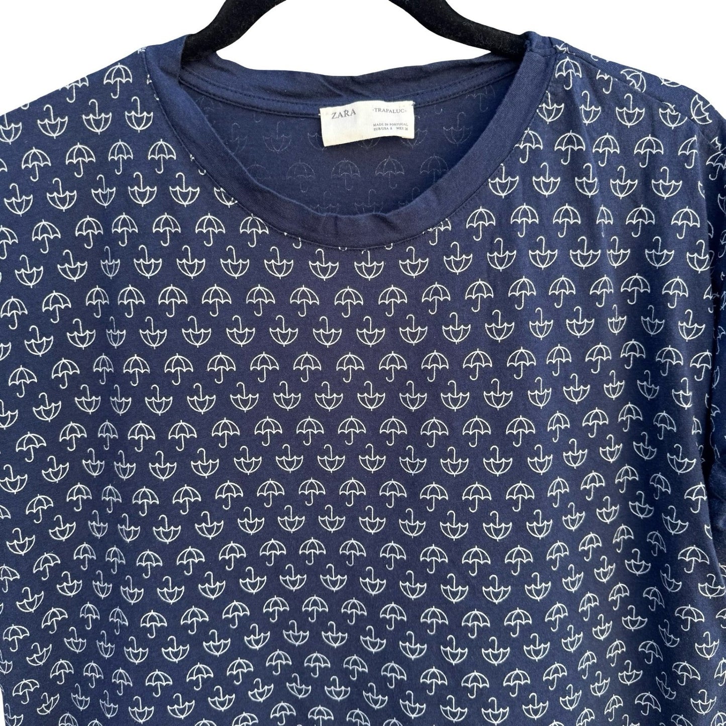 Zara Trafaluc Womens Navy White Umbrella Print Cuffed Short Sleeve T-Shirt S