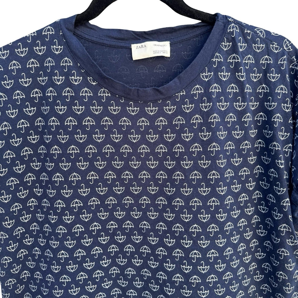 Zara Trafaluc Womens Navy White Umbrella Print Cuffed Short Sleeve T-Shirt S