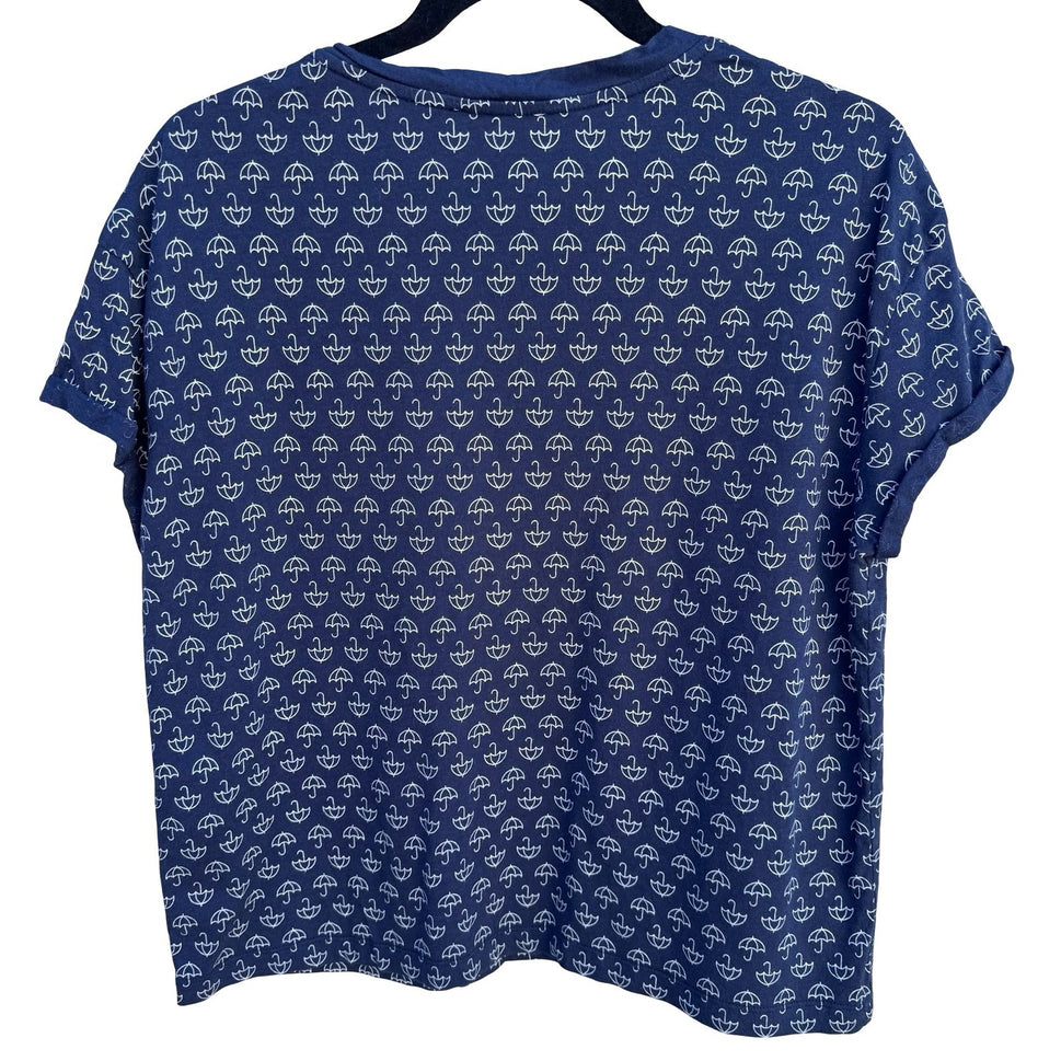 Zara Trafaluc Womens Navy White Umbrella Print Cuffed Short Sleeve T-Shirt S