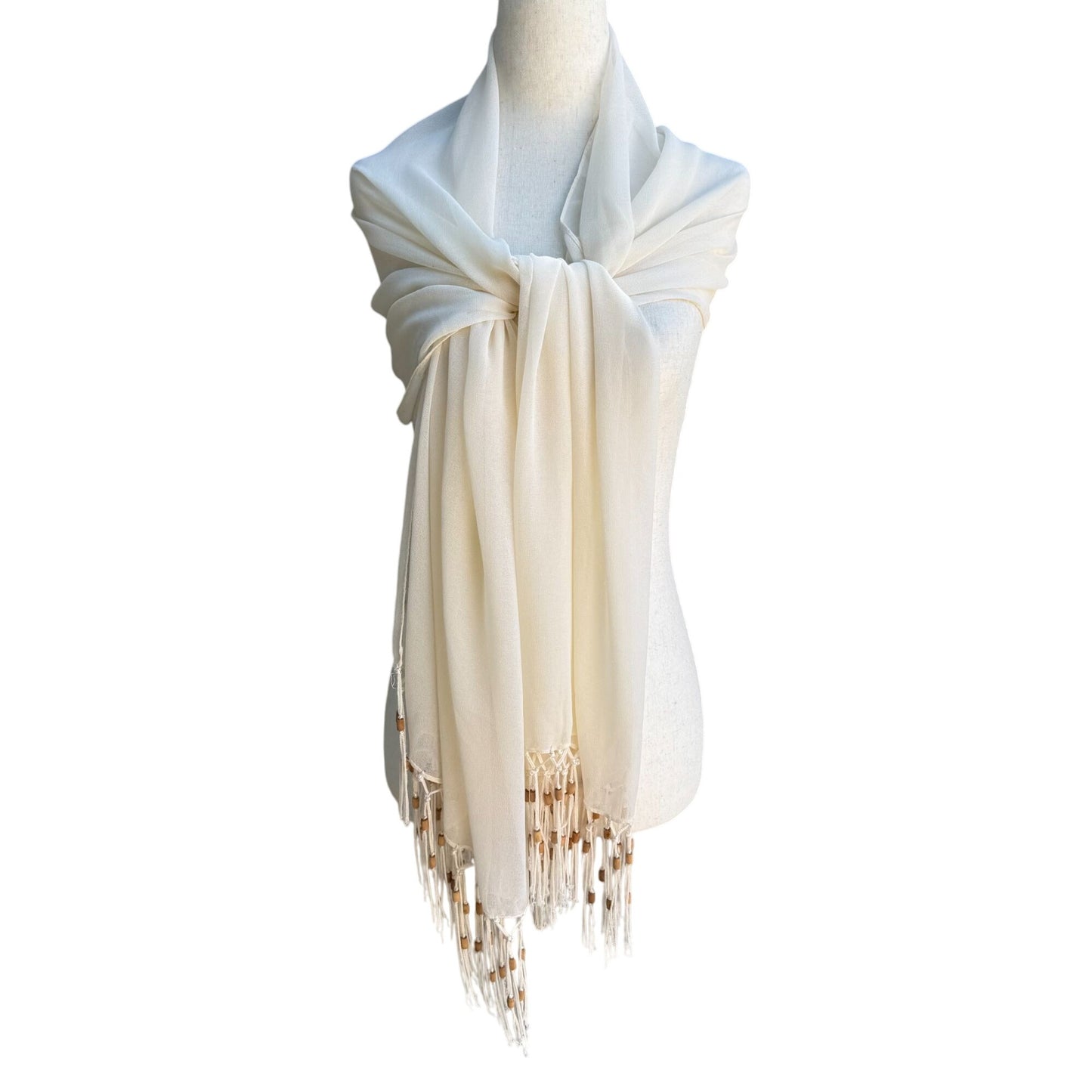 Elegant Cream Semi Sheer Rectangle Beaded Fringe Boho Festival Shawl Wrap Scarf