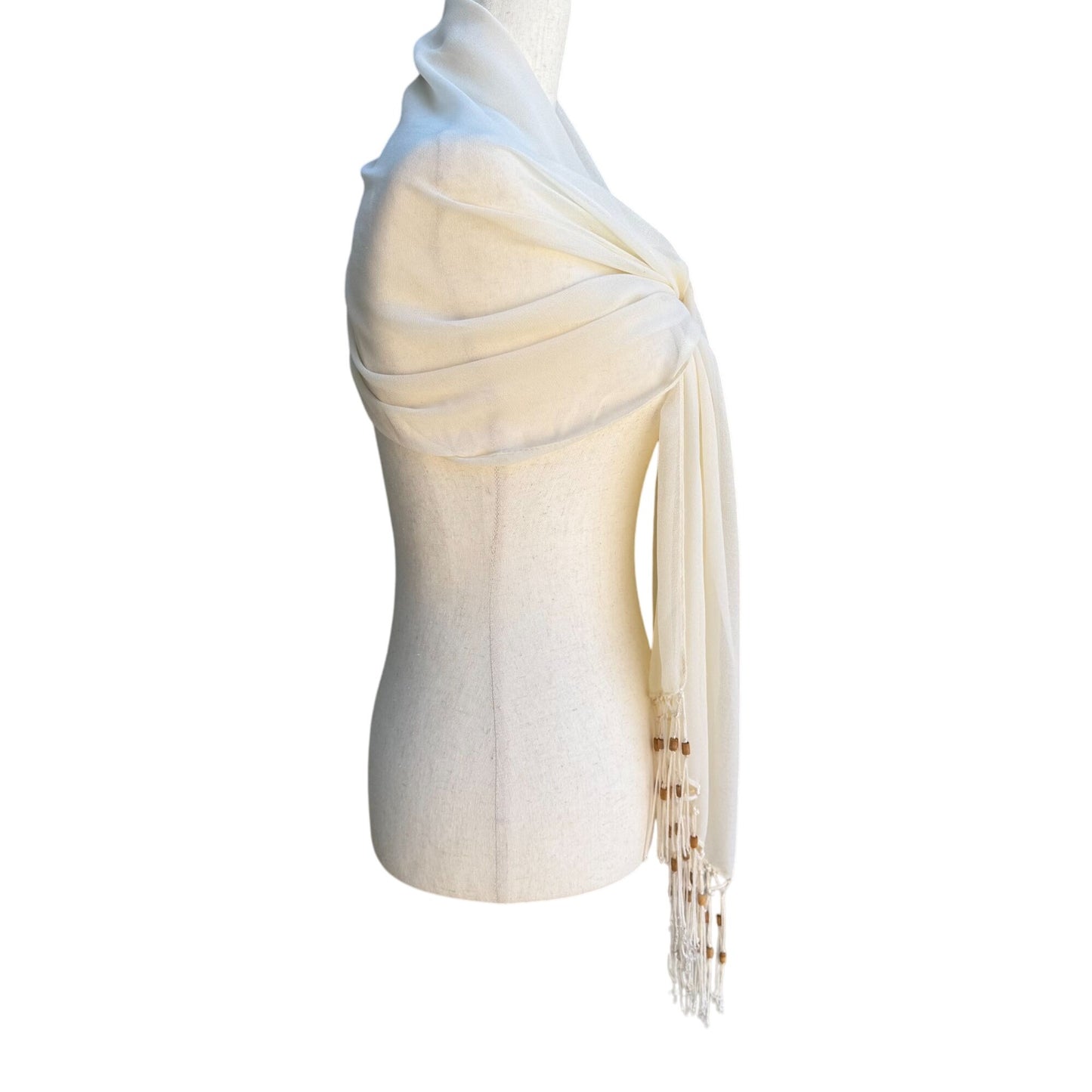 Elegant Cream Semi Sheer Rectangle Beaded Fringe Boho Festival Shawl Wrap Scarf