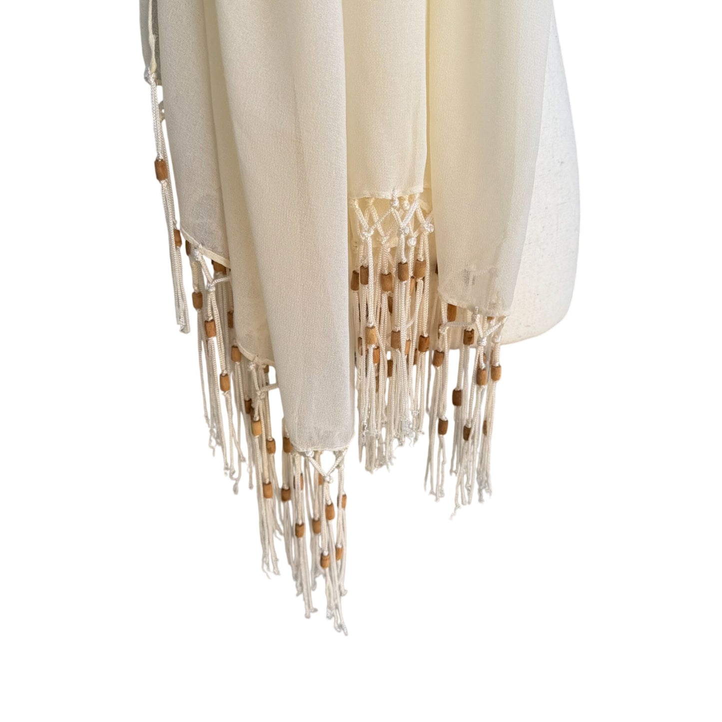 Elegant Cream Semi Sheer Rectangle Beaded Fringe Boho Festival Shawl Wrap Scarf