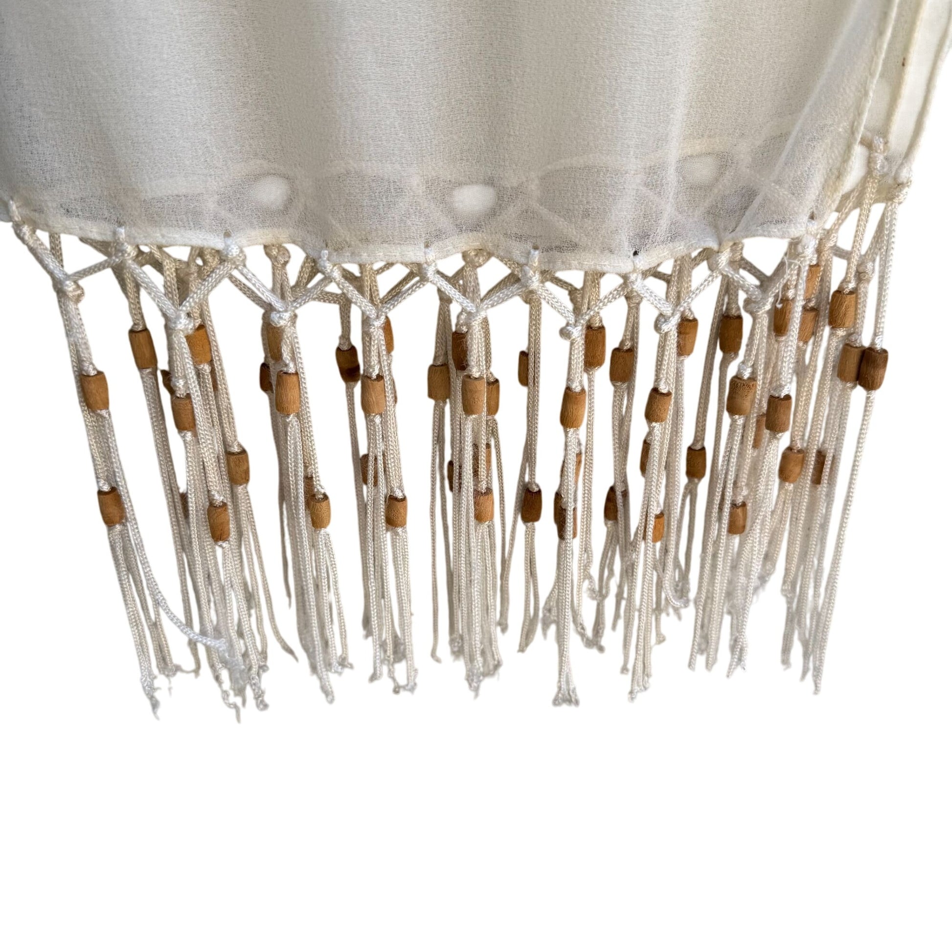 Elegant Cream Semi Sheer Rectangle Beaded Fringe Boho Festival Shawl Wrap Scarf