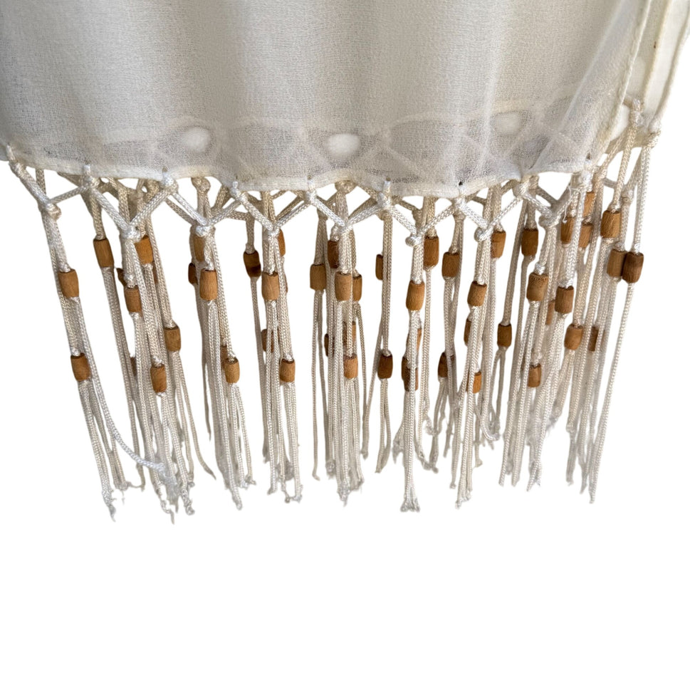 Elegant Cream Semi Sheer Rectangle Beaded Fringe Boho Festival Shawl Wrap Scarf