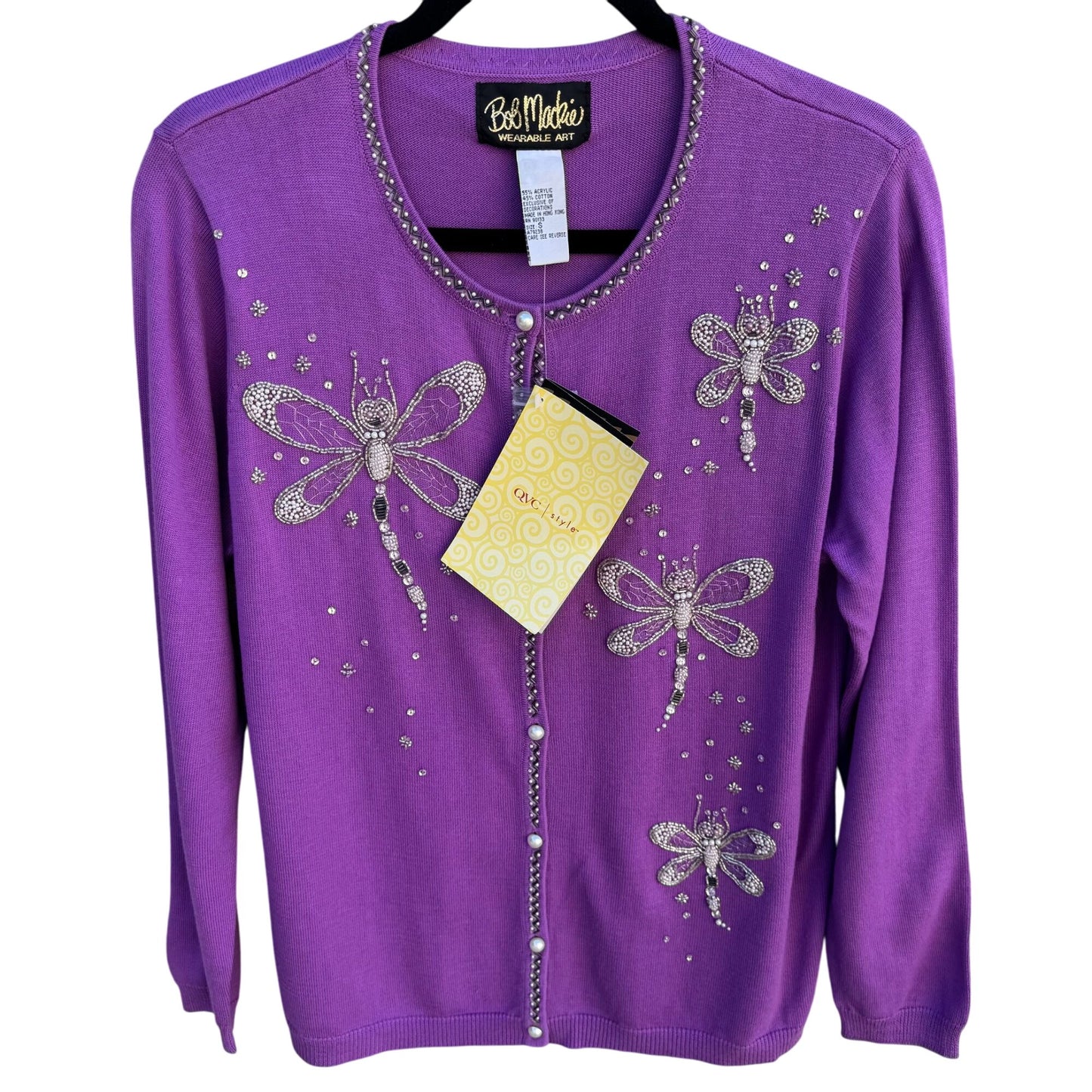Bob Mackie Wearable Art Vintage Purple Beaded Dragonfly Cardigan Sweater New S