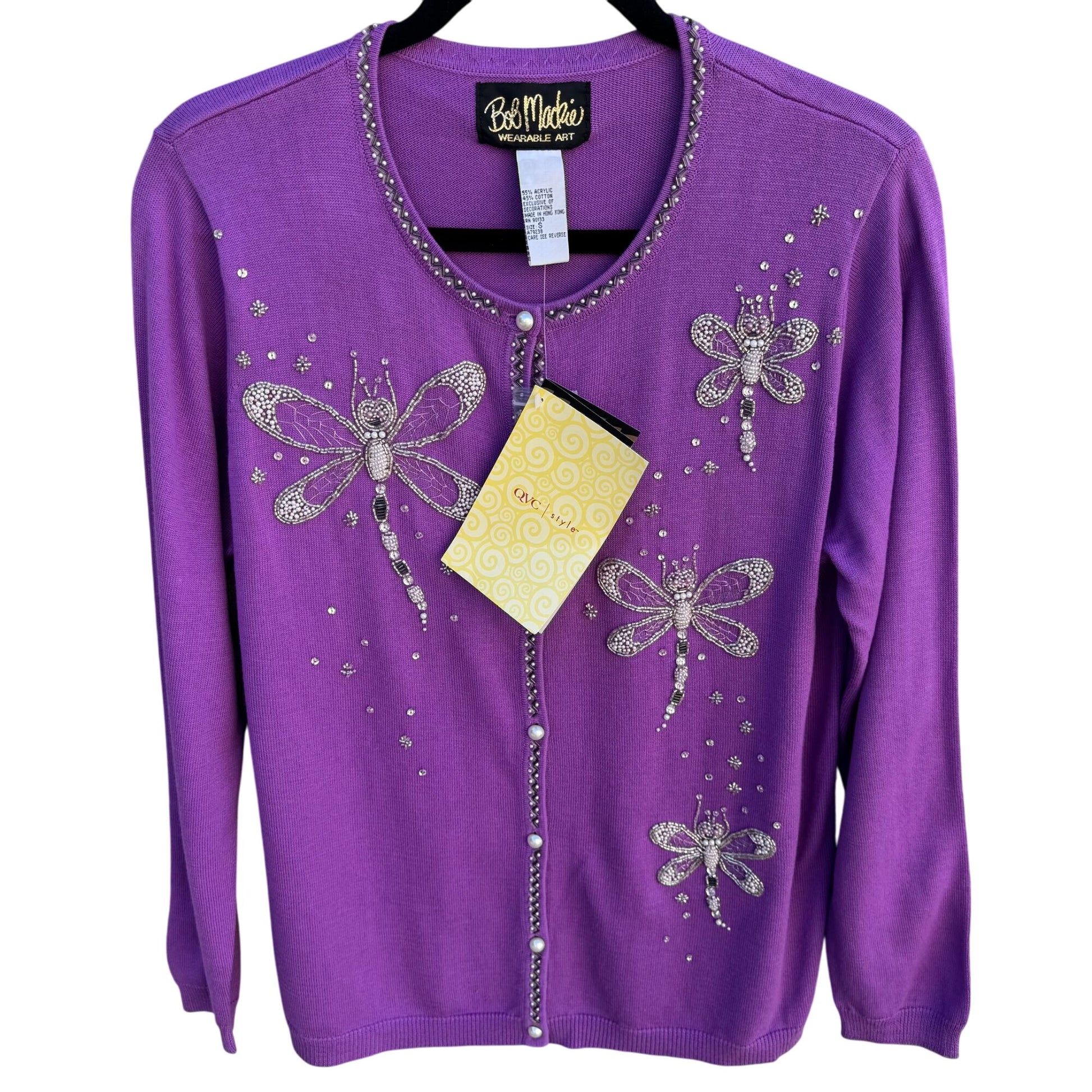 Bob Mackie Wearable Art Vintage Purple Beaded Dragonfly Cardigan Sweater New S