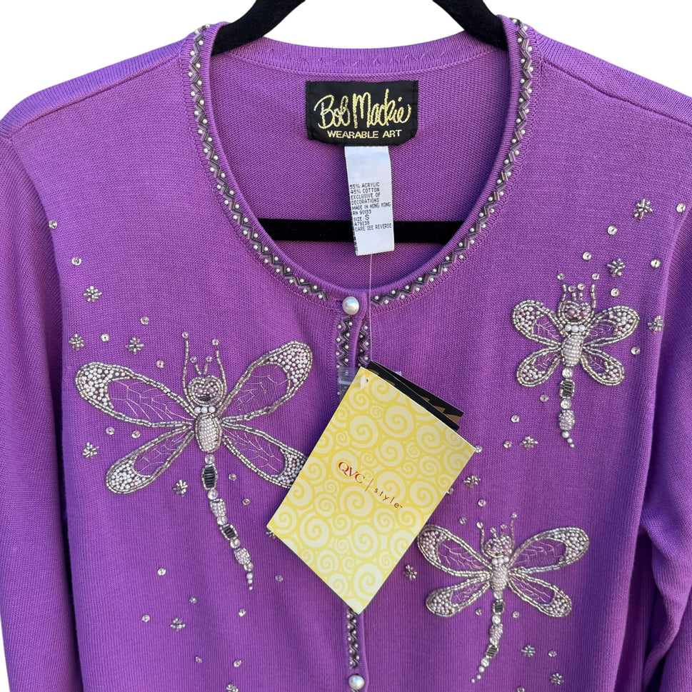 Bob Mackie Wearable Art Vintage Purple Beaded Dragonfly Cardigan Sweater New S