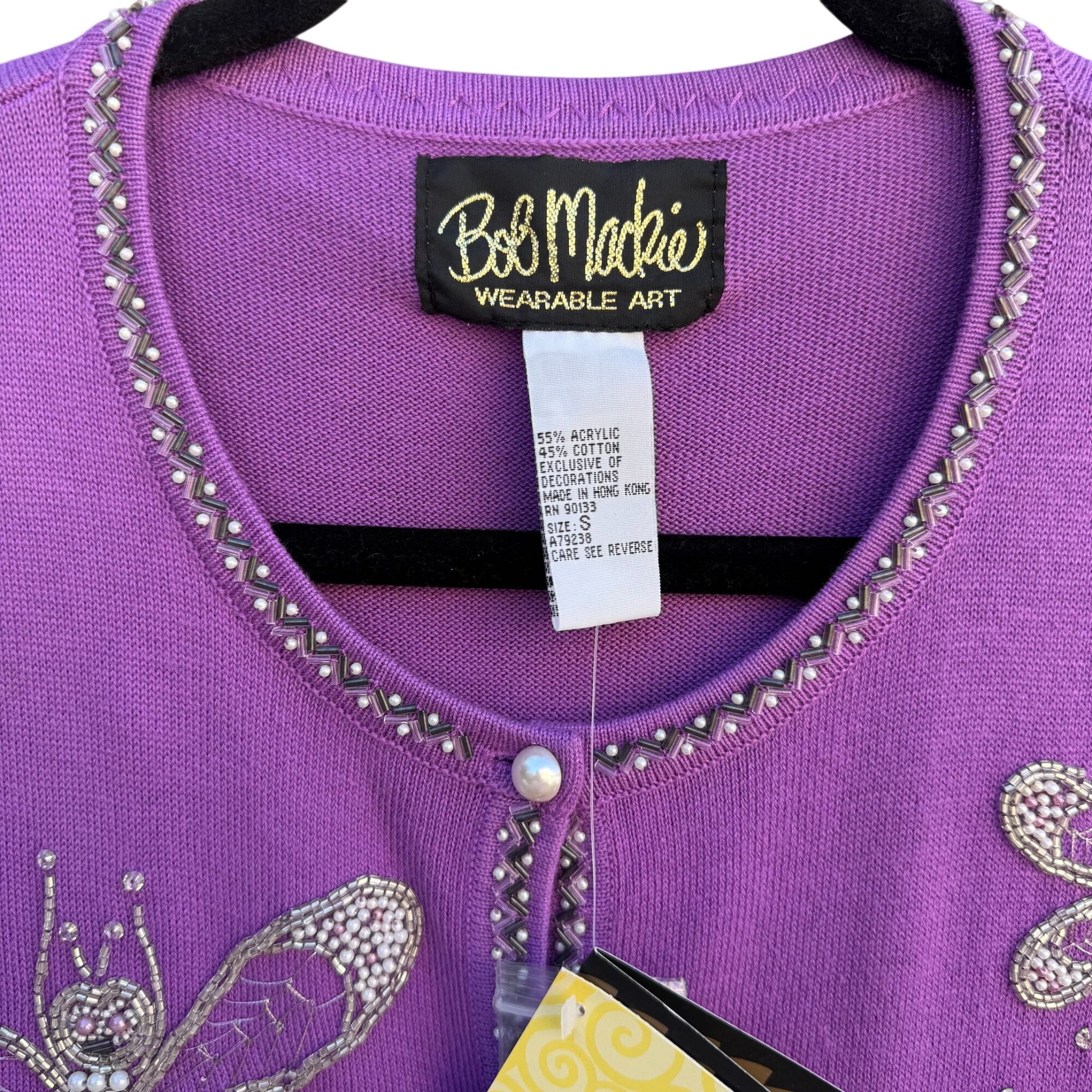 Bob Mackie Wearable Art Vintage Purple Beaded Dragonfly Cardigan Sweater New S
