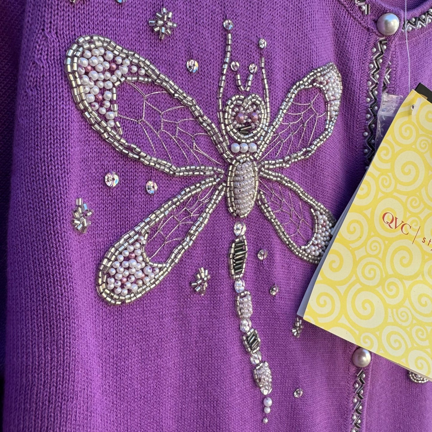 Bob Mackie Wearable Art Vintage Purple Beaded Dragonfly Cardigan Sweater New S