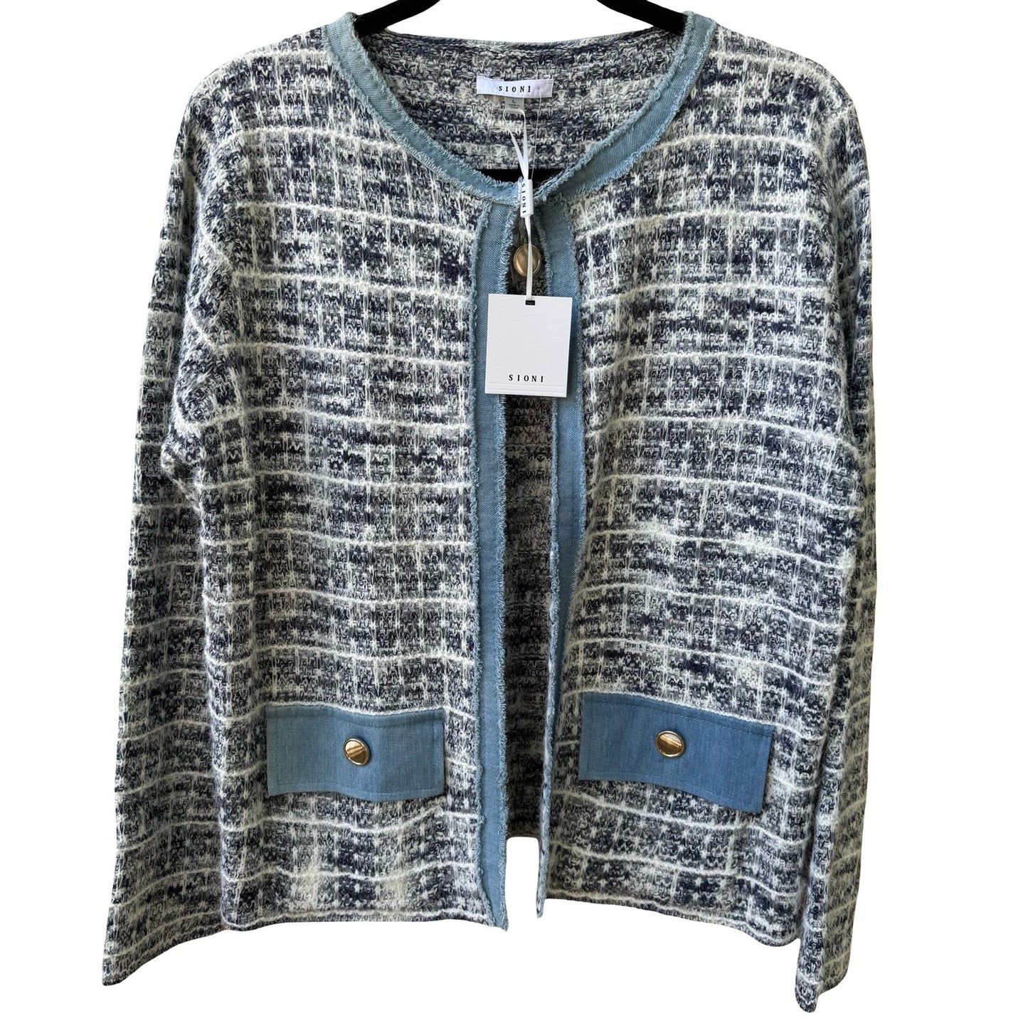 Sioni Coastal Preppy Old Money Denim Boucle Tweed Open Front Blazer Jacket L NEW