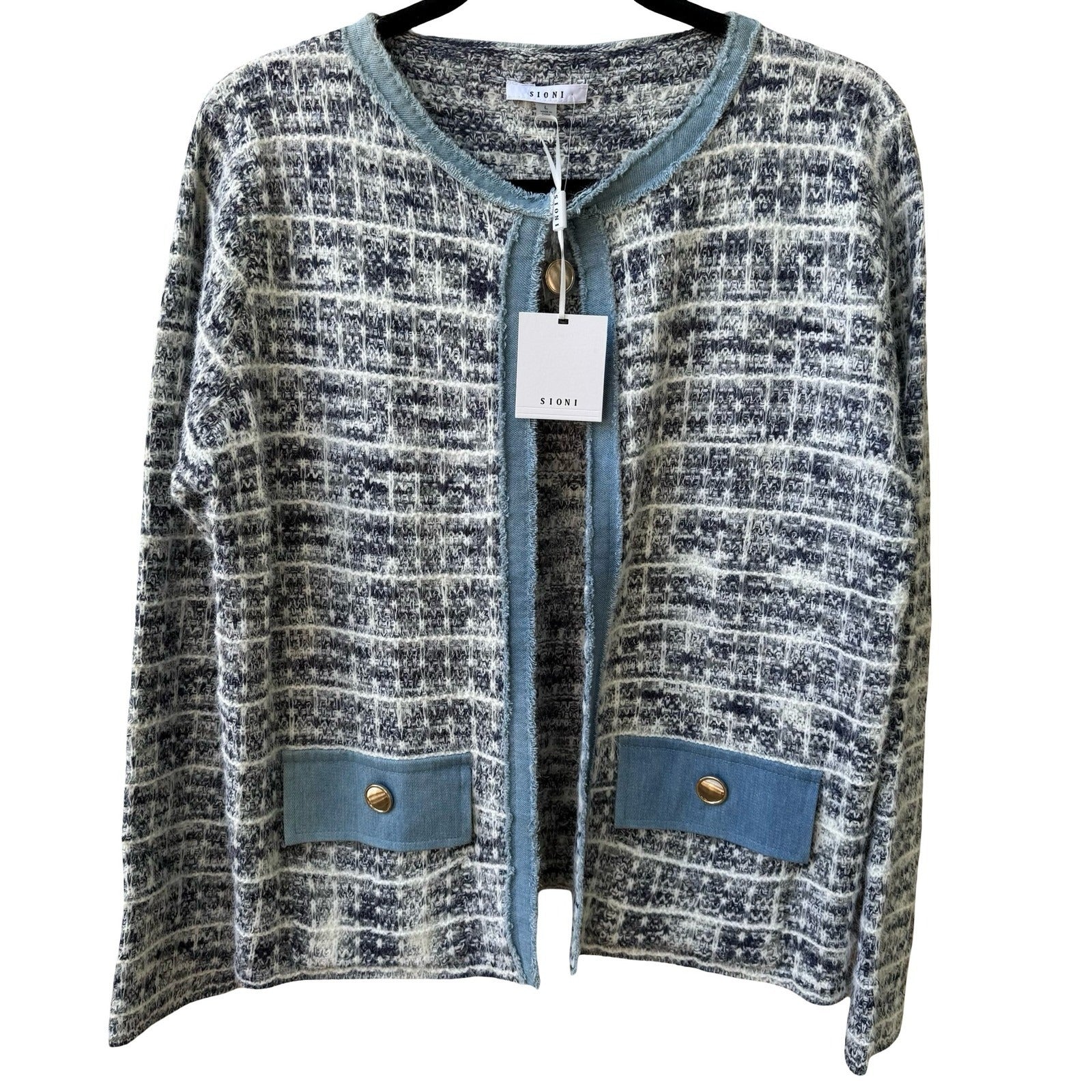 Sioni Coastal Preppy Old Money Denim Boucle Tweed Open Front Blazer Jacket L NEW