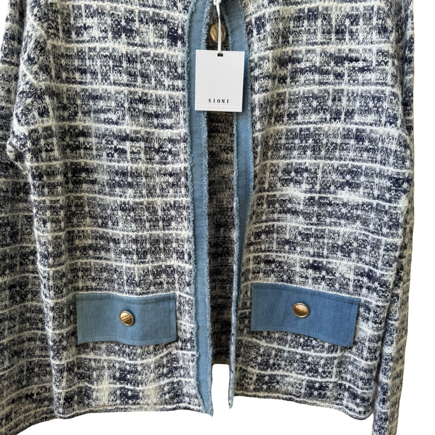 Sioni Coastal Preppy Old Money Denim Boucle Tweed Open Front Blazer Jacket L NEW