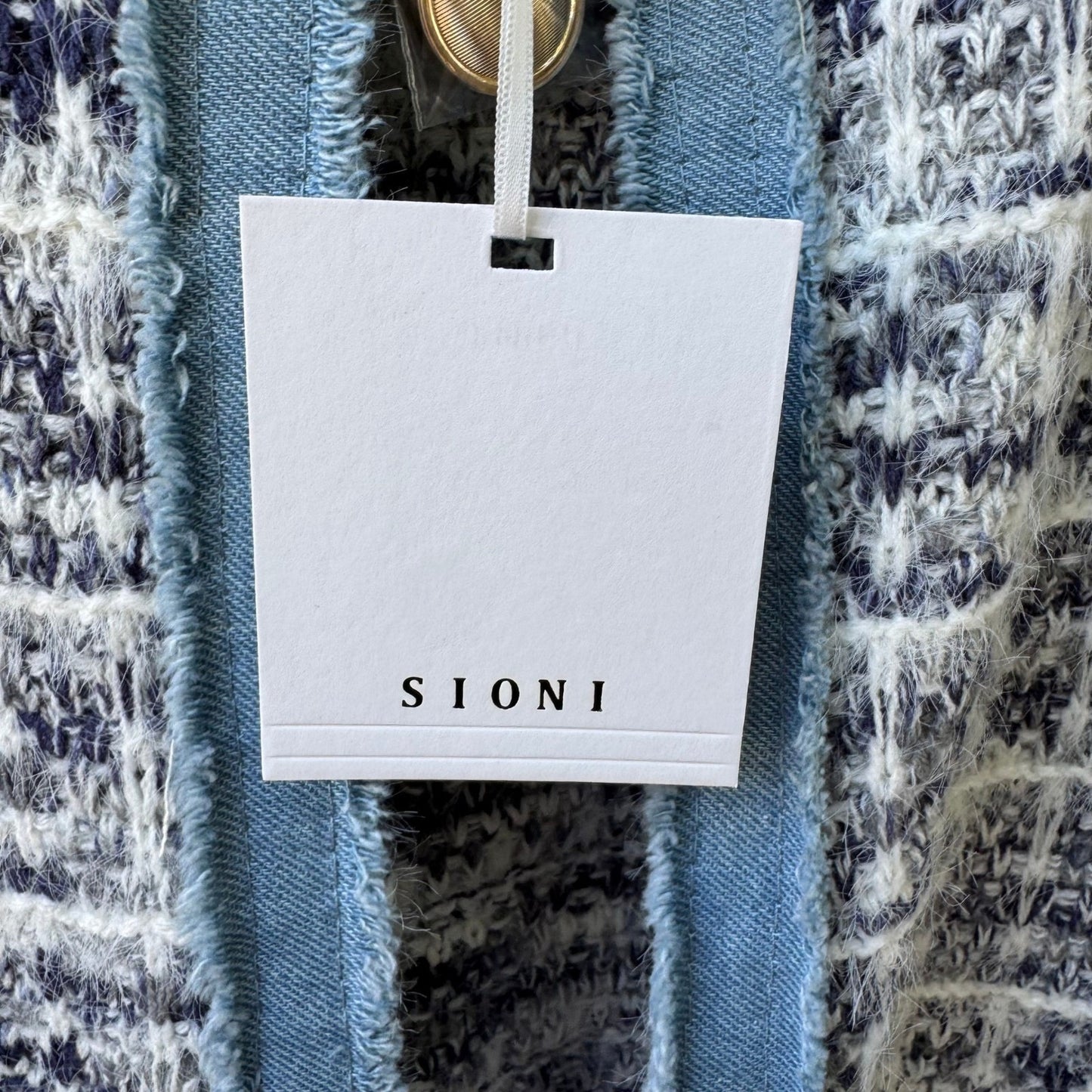 Sioni Coastal Preppy Old Money Denim Boucle Tweed Open Front Blazer Jacket L NEW