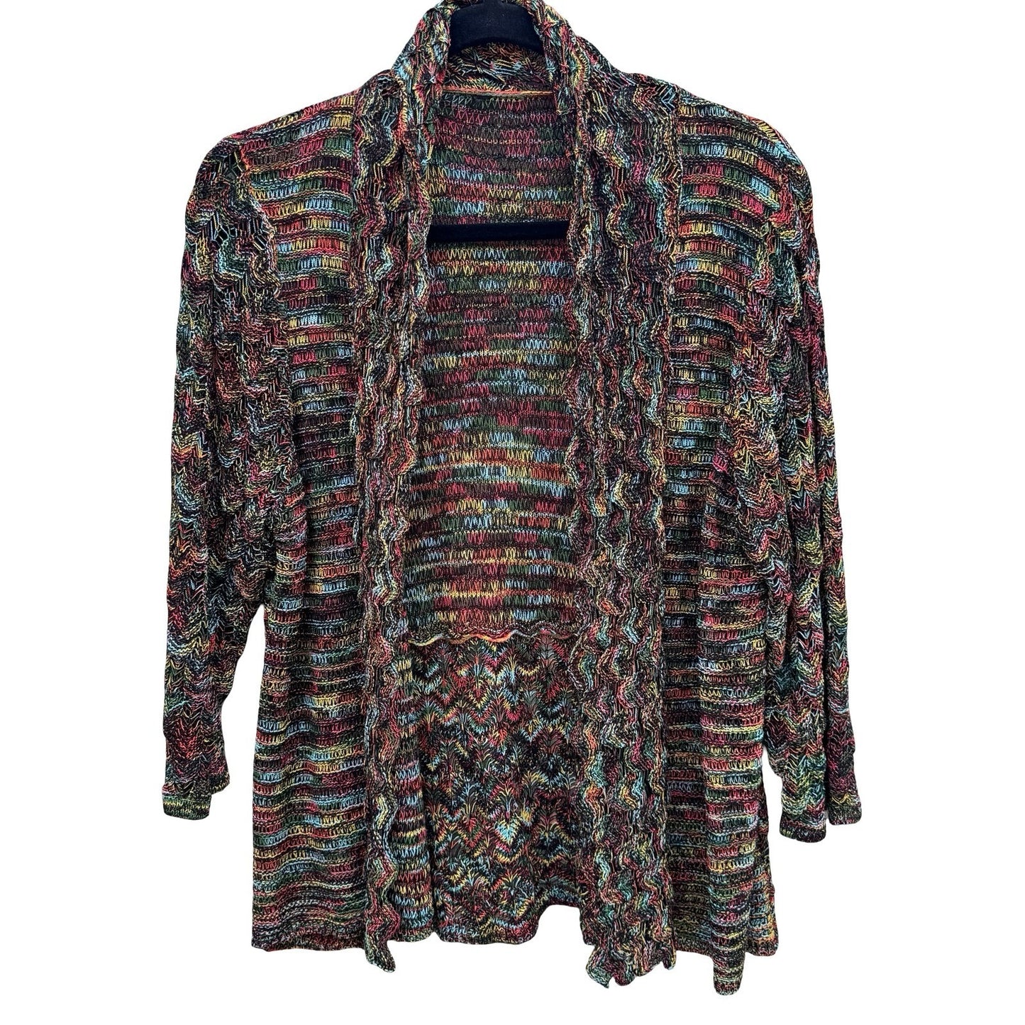 Eclectic Boho Space Dye Open Front Knit Cardigan Shawl Collar Chevron Artsy L