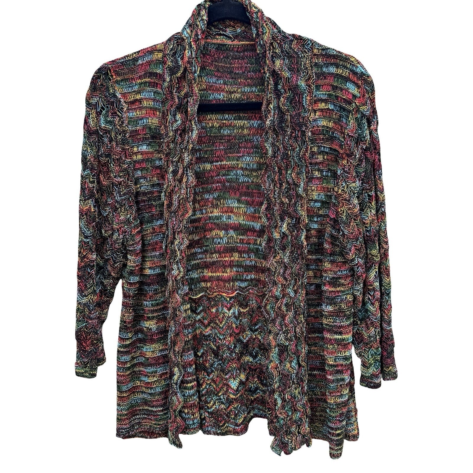 Eclectic Boho Space Dye Open Front Knit Cardigan Shawl Collar Chevron Artsy L