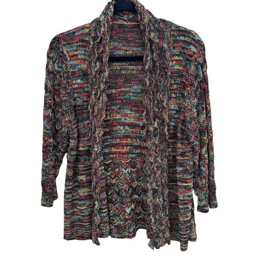 Eclectic Boho Space Dye Open Front Knit Cardigan Shawl Collar Chevron Artsy L
