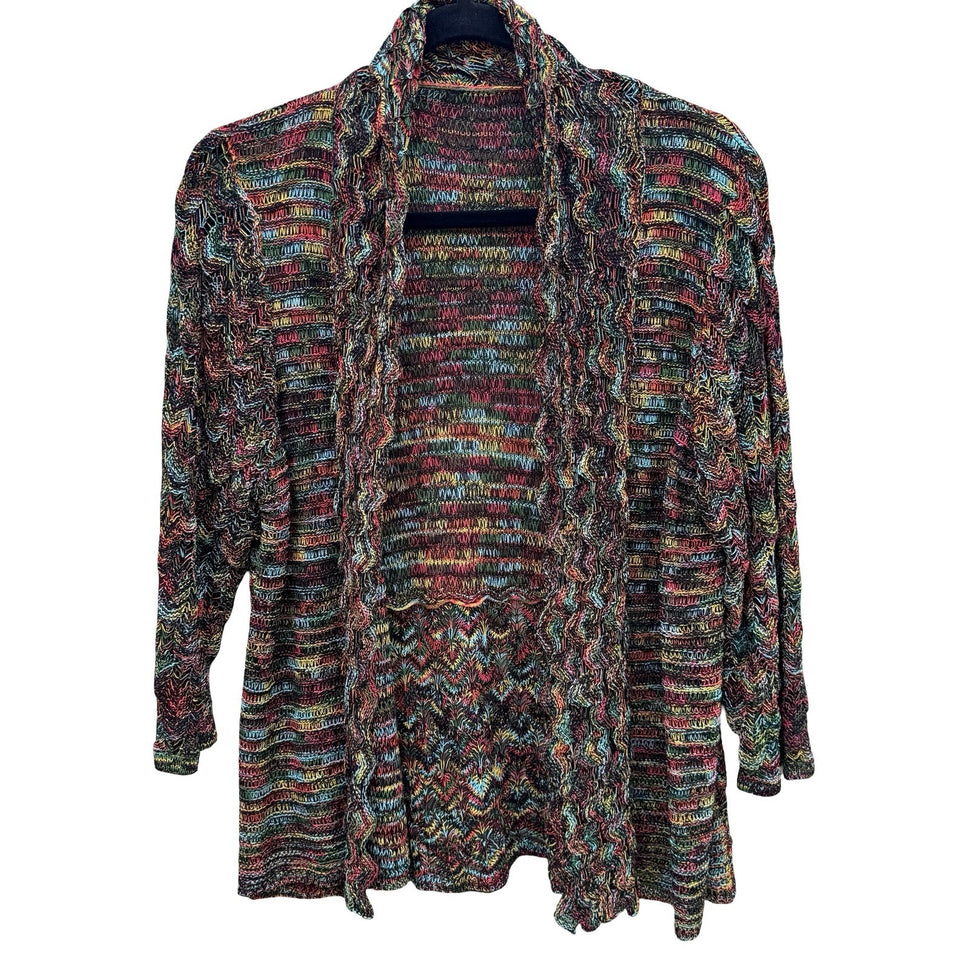 Eclectic Boho Space Dye Open Front Knit Cardigan Shawl Collar Chevron Artsy L