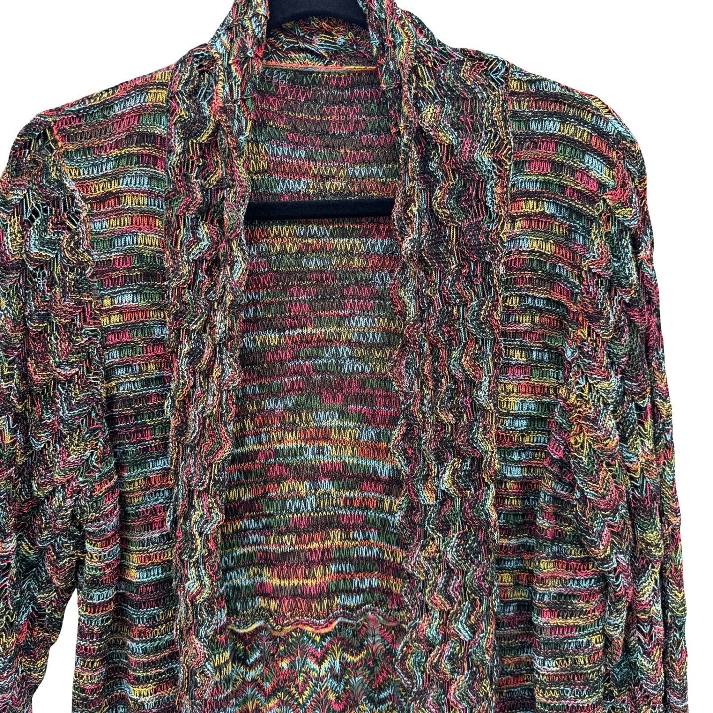 Eclectic Boho Space Dye Open Front Knit Cardigan Shawl Collar Chevron Artsy L