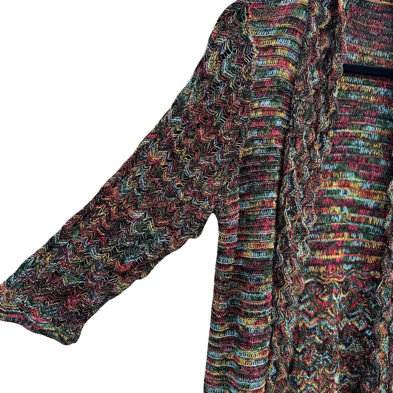 Eclectic Boho Space Dye Open Front Knit Cardigan Shawl Collar Chevron Artsy L