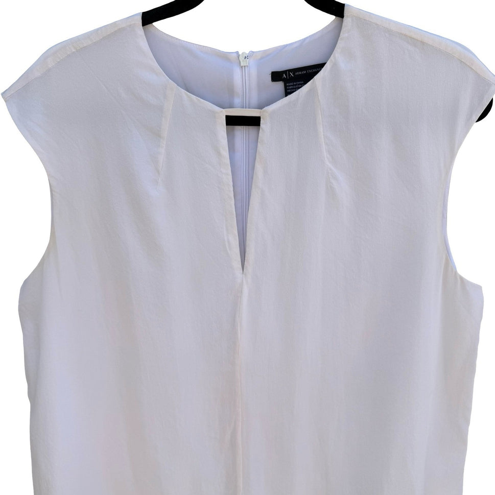 Armani Exchange White Silk V-Neck Sleeveless Blouse M Quiet Luxury Minimalist