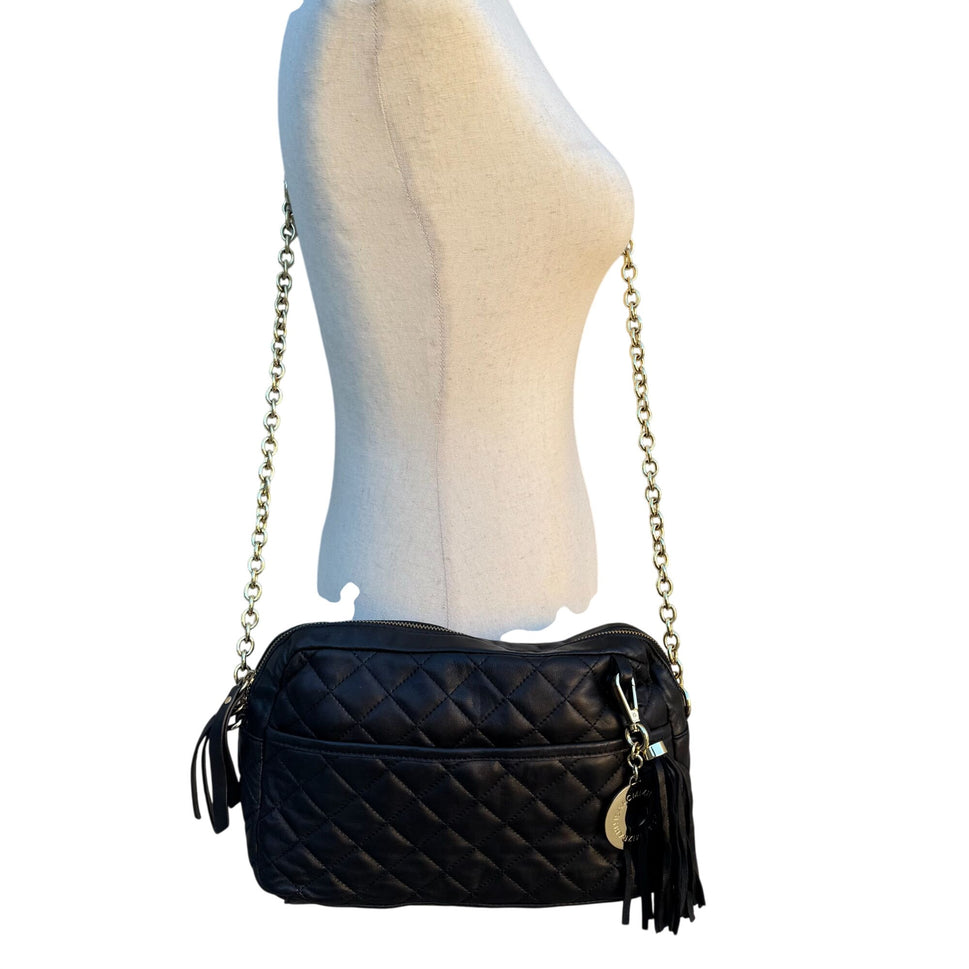 Isaac Mizrahi Black Quilted Leather Crossbody Bag Gold Chain Strap Tassel Accent