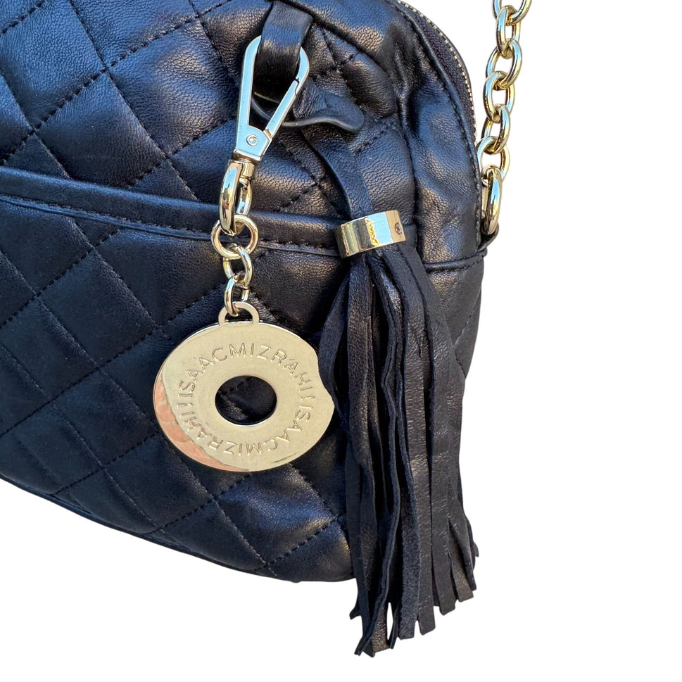 Isaac Mizrahi Black Quilted Leather Crossbody Bag Gold Chain Strap Tassel Accent