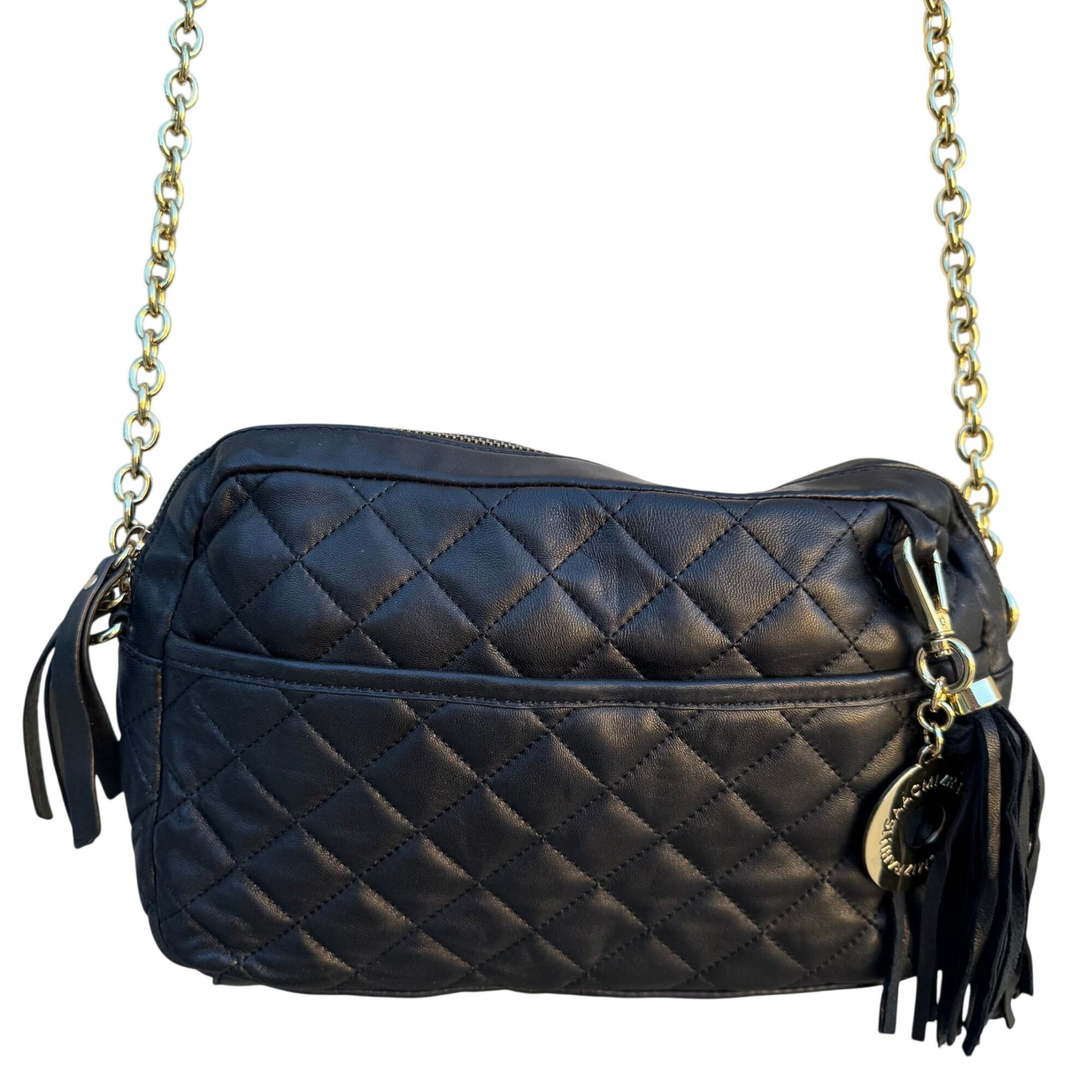 Isaac Mizrahi Black Quilted Leather Crossbody Bag Gold Chain Strap Tassel Accent
