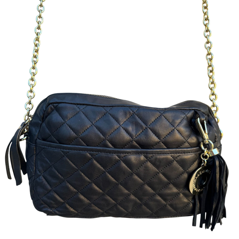 Isaac Mizrahi Black Quilted Leather Crossbody Bag Gold Chain Strap Tassel Accent