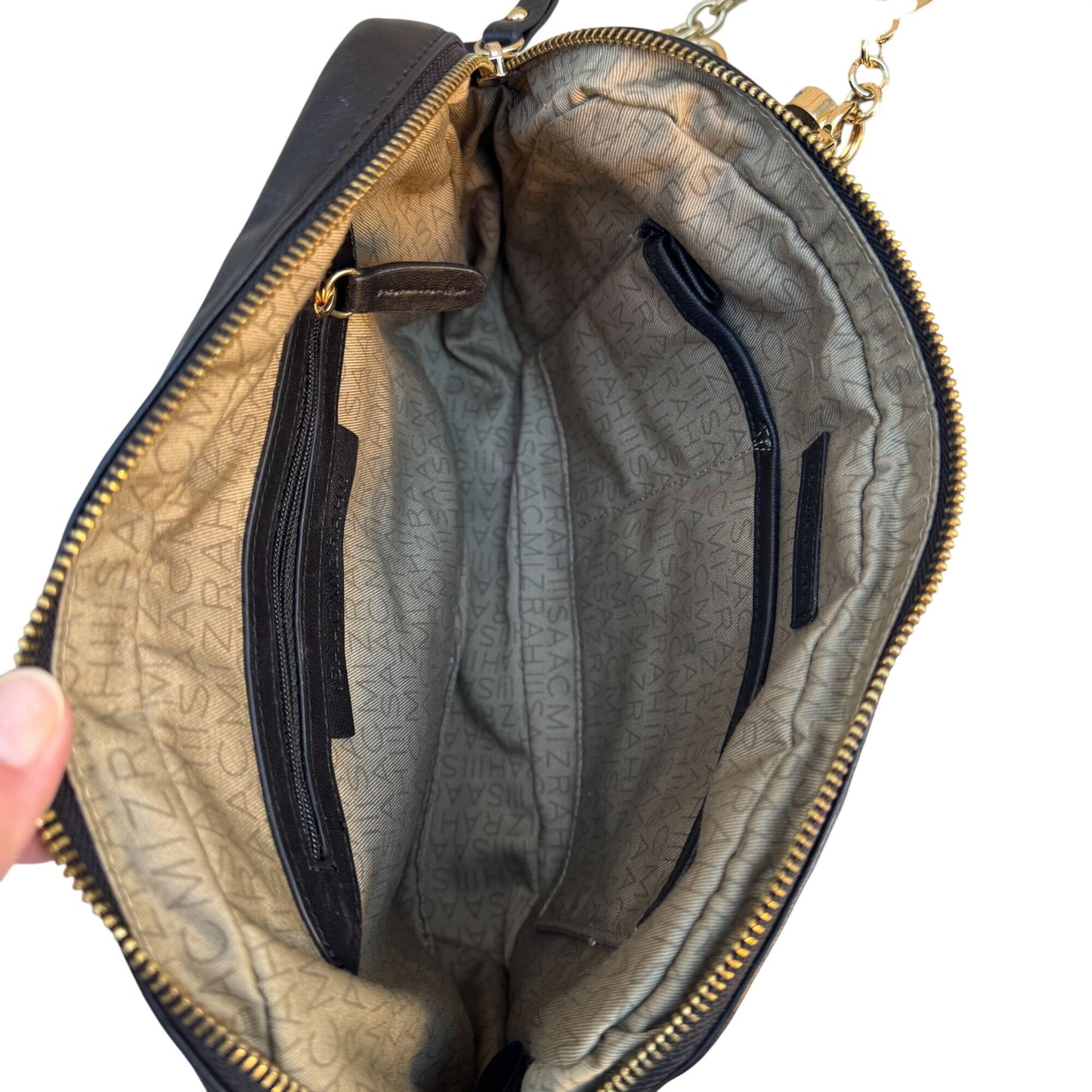 Isaac Mizrahi Black Quilted Leather Crossbody Bag Gold Chain Strap Tassel Accent