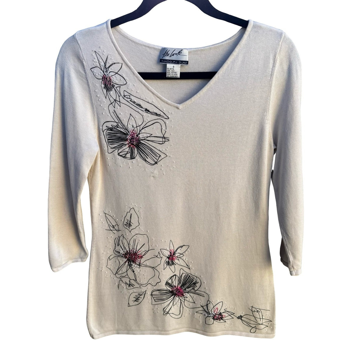 Randolph Duke Y2K Quiet Luxury Silk Cotton Floral Beaded Feminine Knit Sweater S