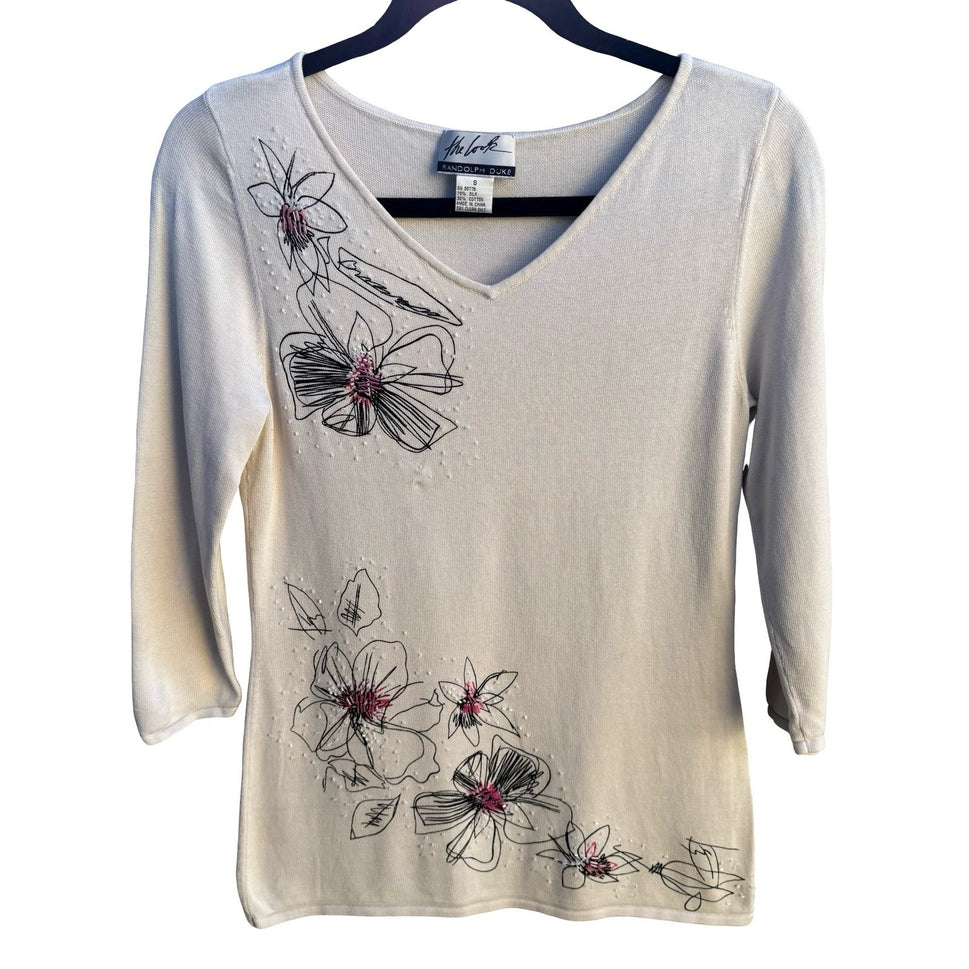 Randolph Duke Y2K Quiet Luxury Silk Cotton Floral Beaded Feminine Knit Sweater S