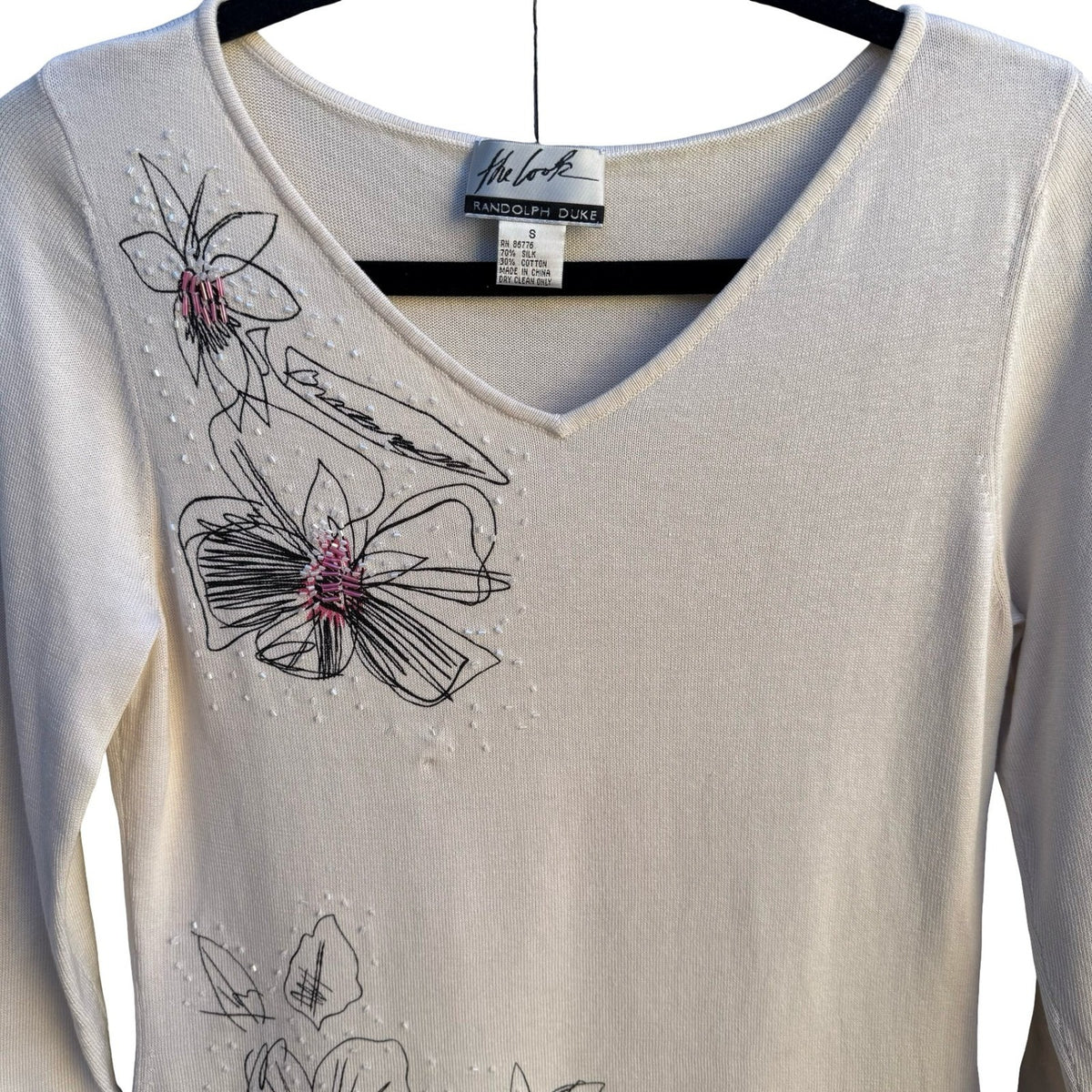 Randolph Duke Y2K Quiet Luxury Silk Cotton Floral Beaded Feminine Knit Sweater S